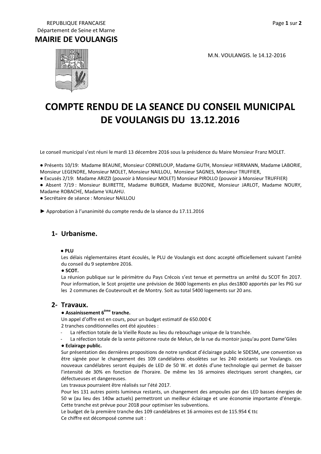 Compte Rendu De La Seance Du Conseil Municipal De Voulangis Du 13.12.2016
