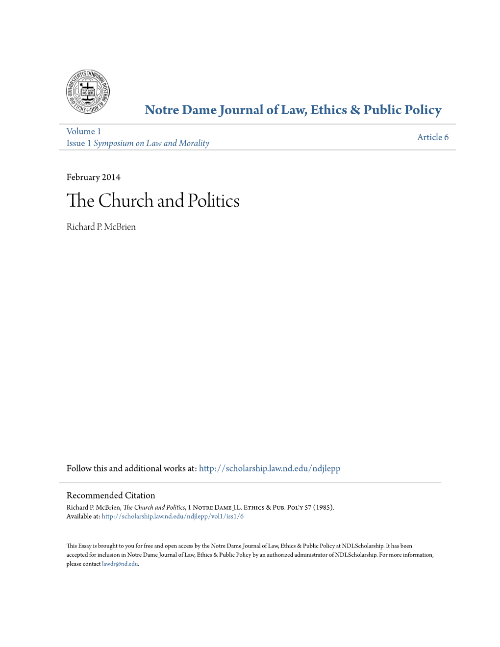 The Church and Politics, 1 Notre Dame J.L