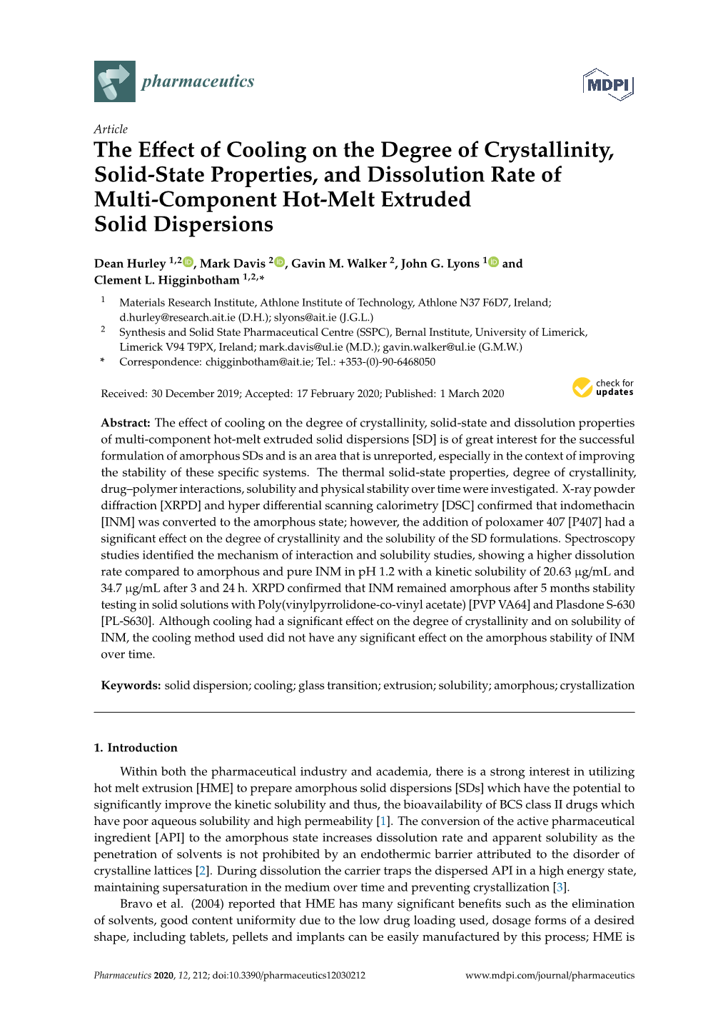 The Effect of Cooling on the Degree of Crystallinity, Solid-State Properties