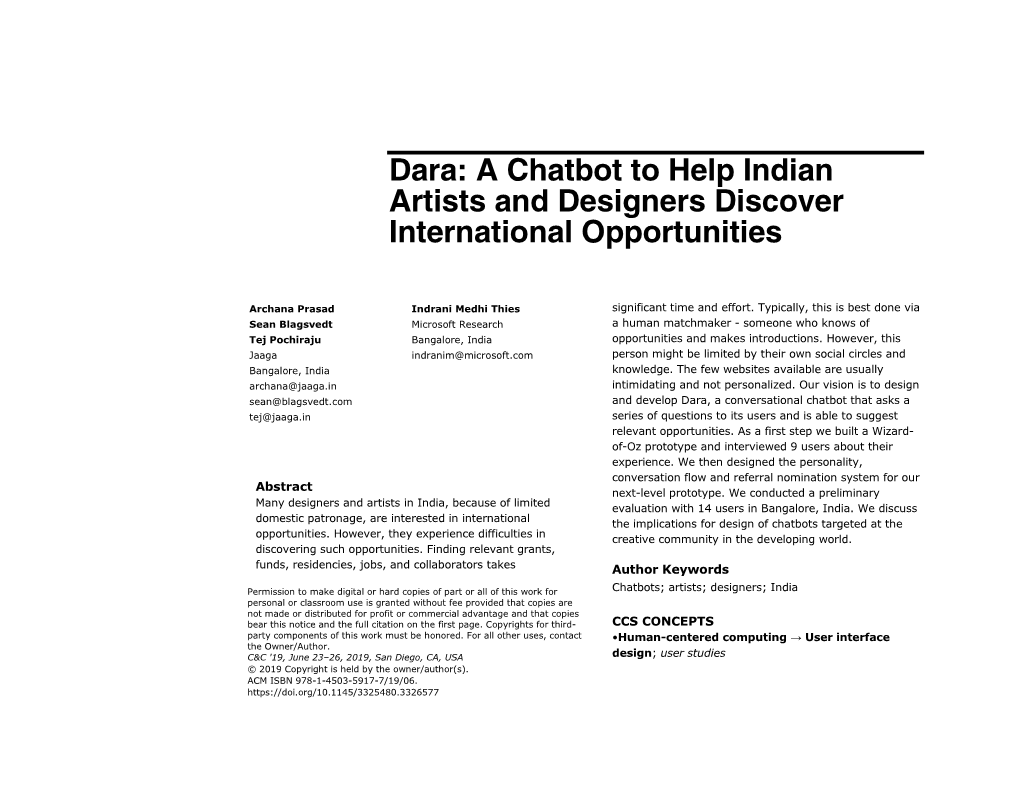 Dara: a Chatbot to Help Indian Artists and Designers Discover International Opportunities