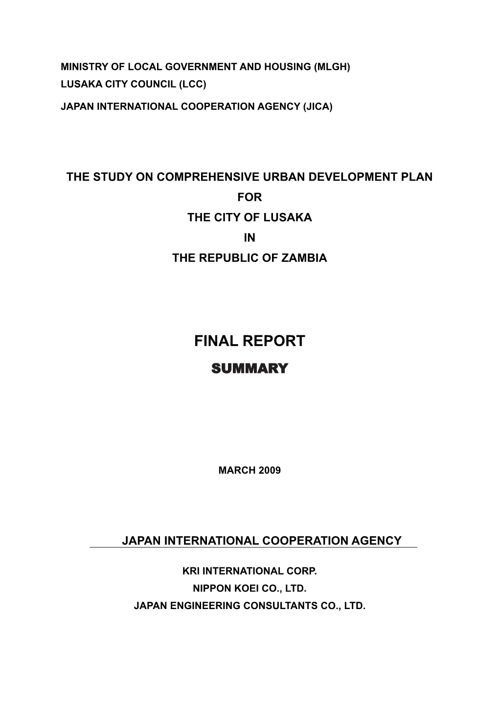 Final Report Final Report Vsummaryolume Iii Volume Iii Pre-Feaibility Study of Priority Project Pre-Feaibility Study of Priority Project