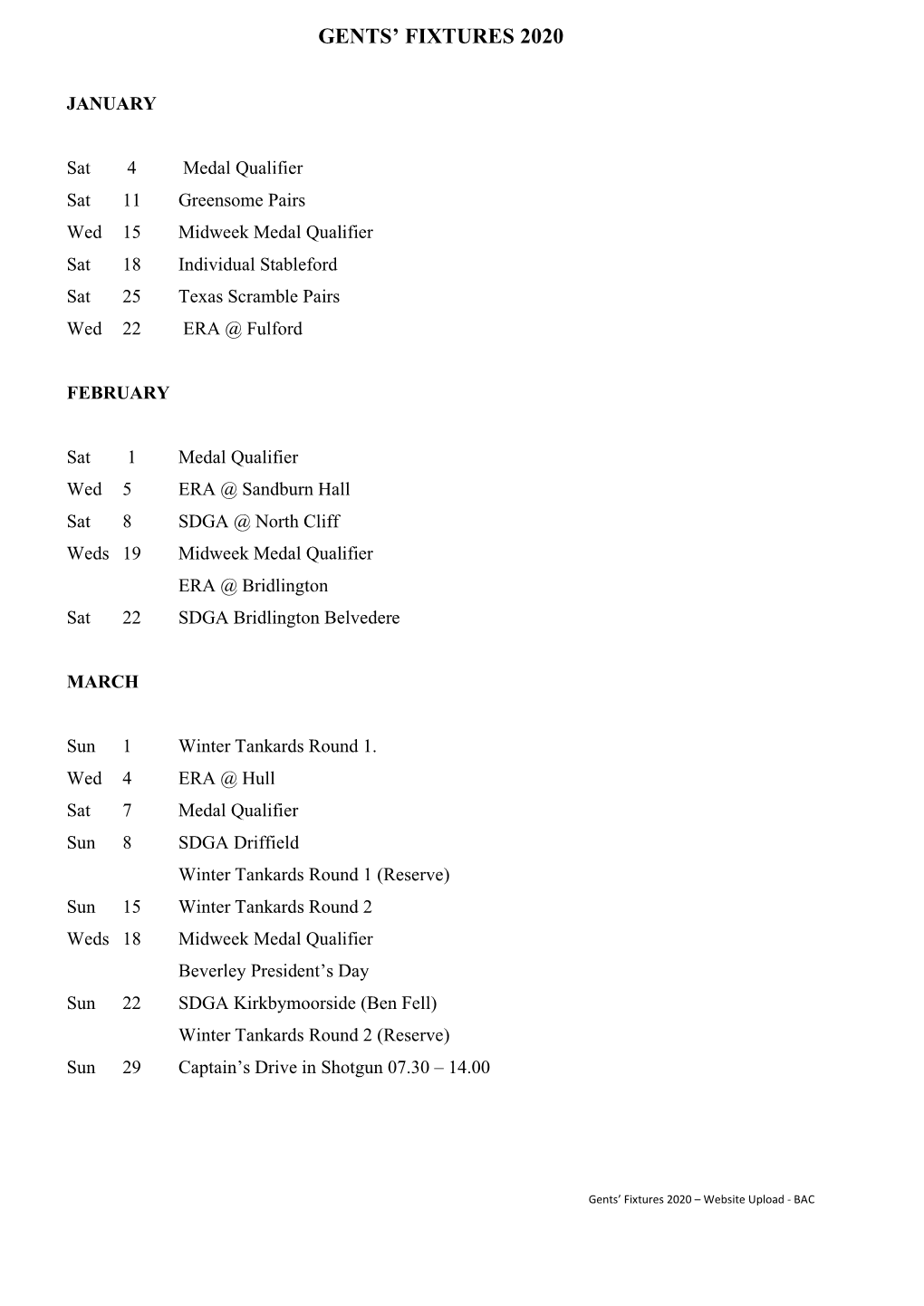 Gents' Fixtures 2020