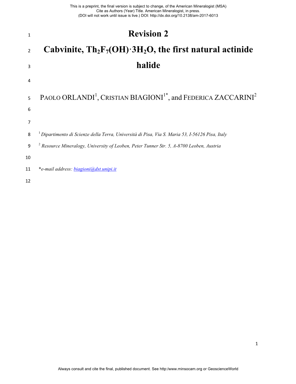 Revision 2 Cabvinite, Th2f7(OH)·3H2O, the First Natural Actinide Halide