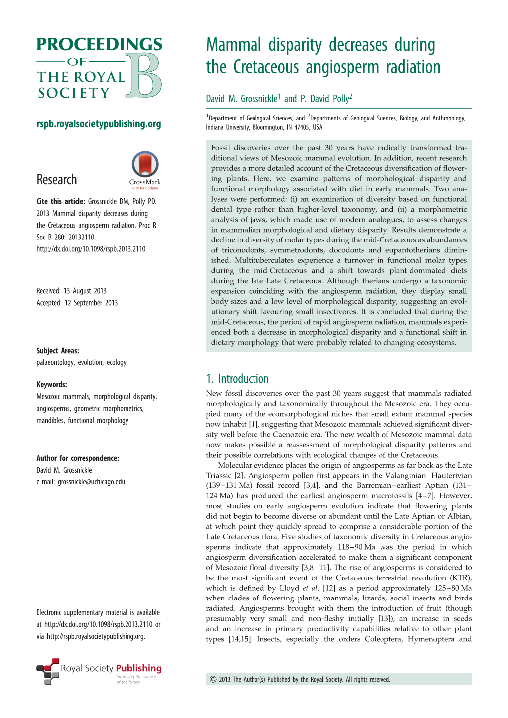 Mammal Disparity Decreases During the Cretaceous Angiosperm Radiation