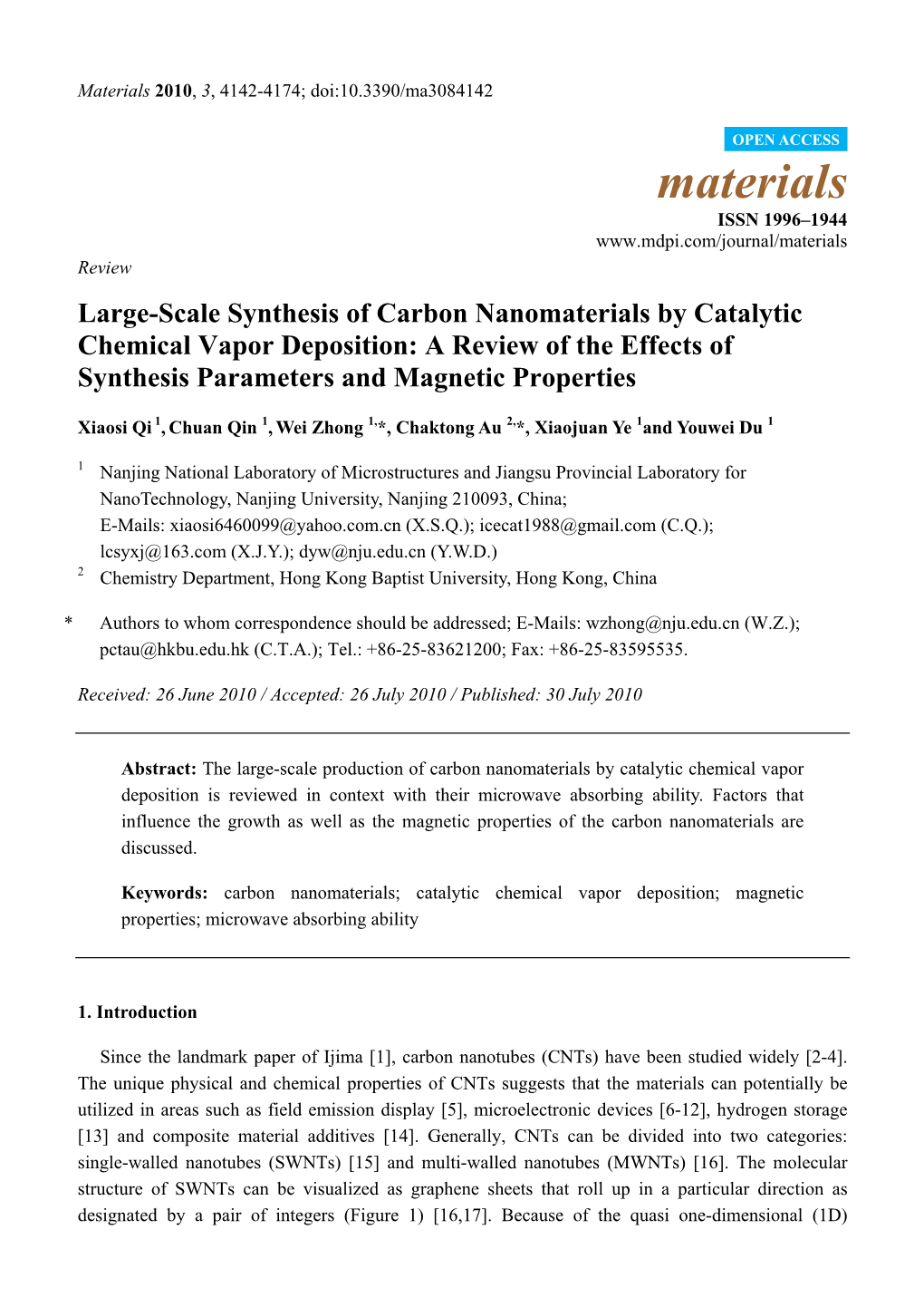 Large-Scale Synthesis of Carbon Nanomaterials by Catalytic Chemical Vapor Deposition: a Review of the Effects of Synthesis Parameters and Magnetic Properties