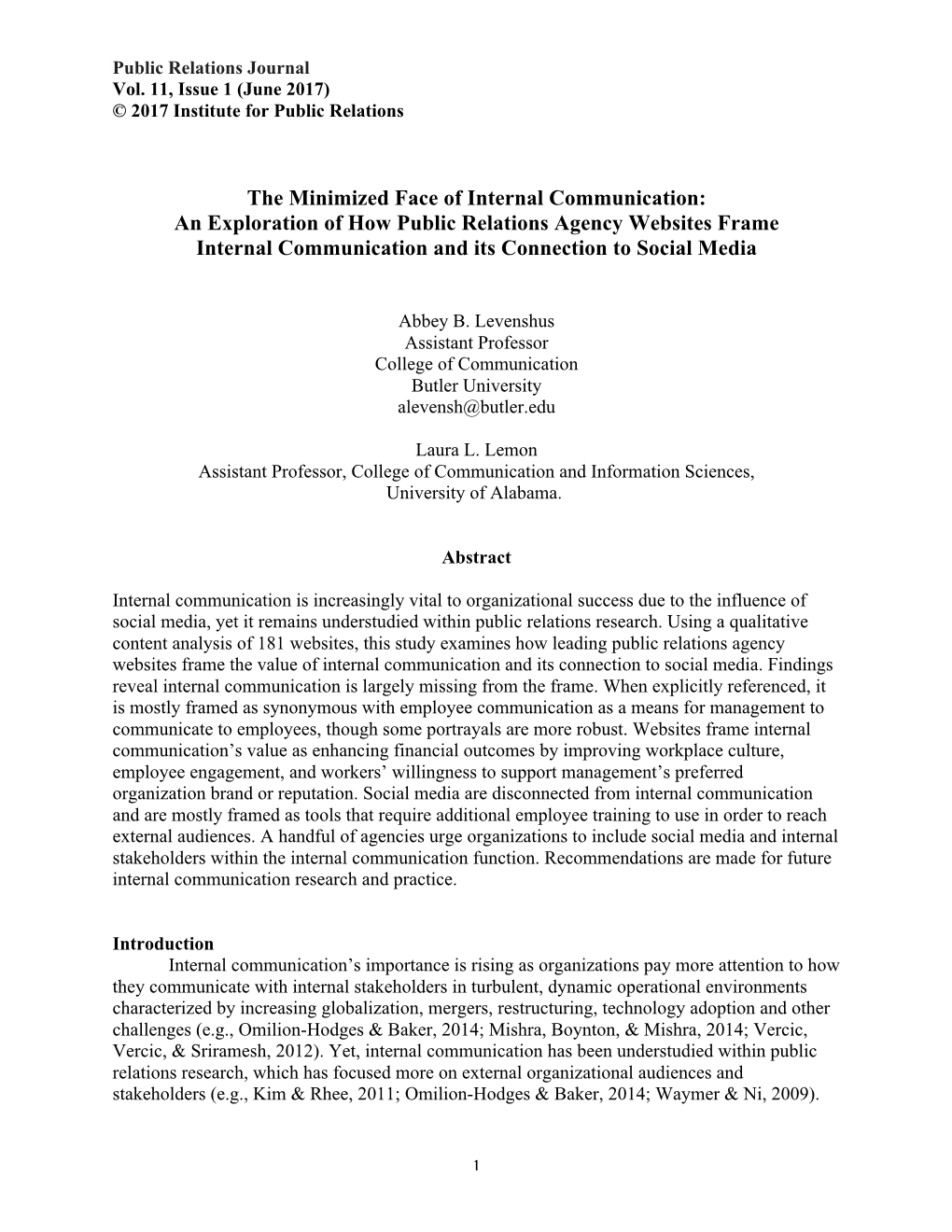 The Minimized Face of Internal Communication: an Exploration of How Public Relations Agency Websites Frame Internal Communication and Its Connection to Social Media