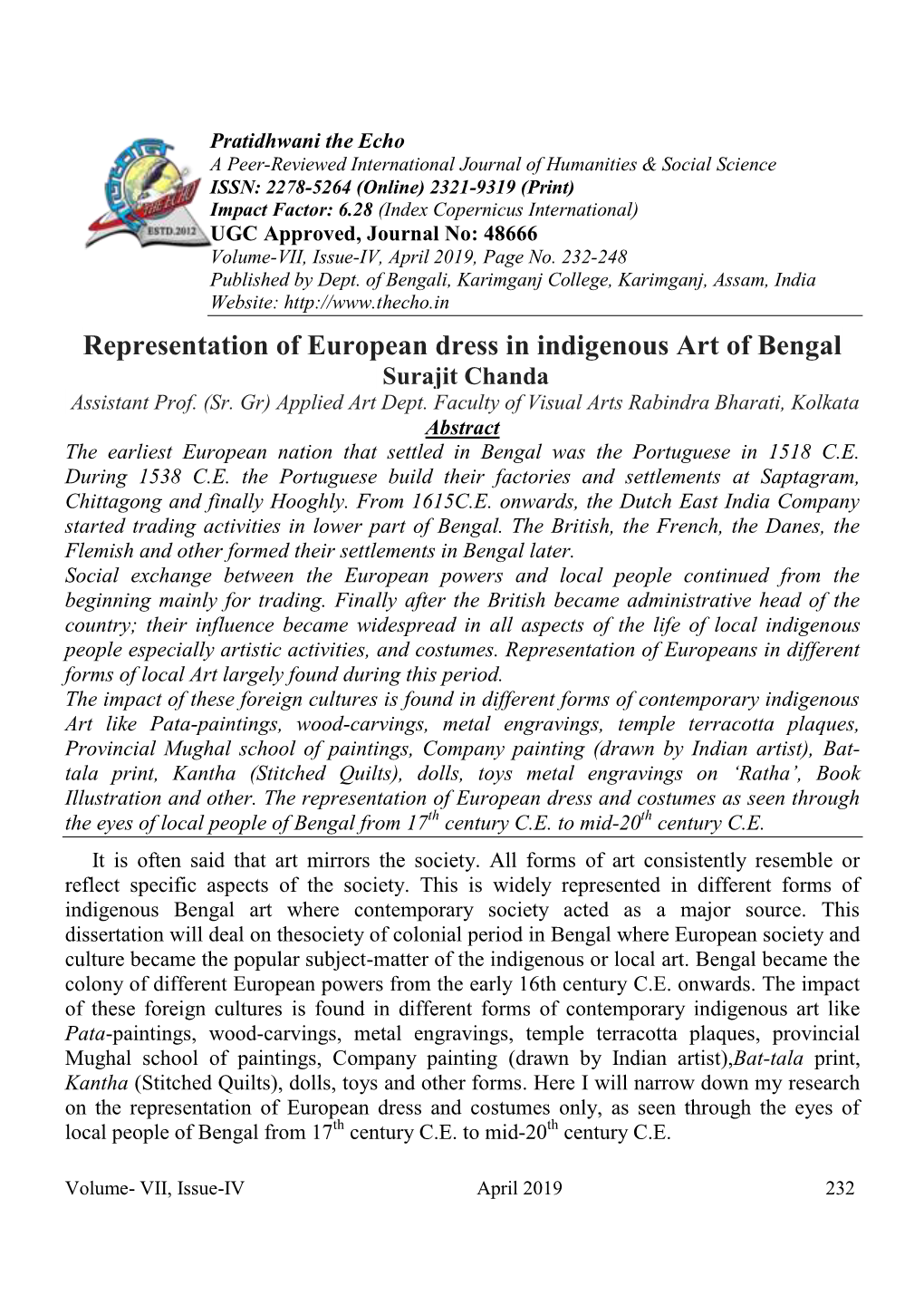 Representation of European Dress in Indigenous Art of Bengal Surajit Chanda Assistant Prof