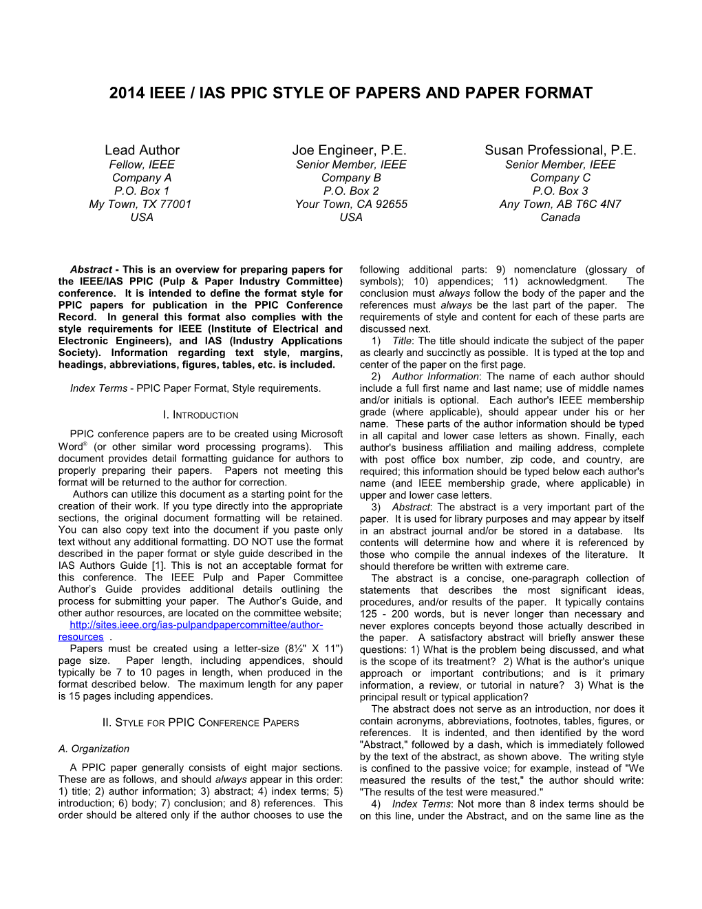 2000 Ieee / Ppic Style of Papers and Paper Format