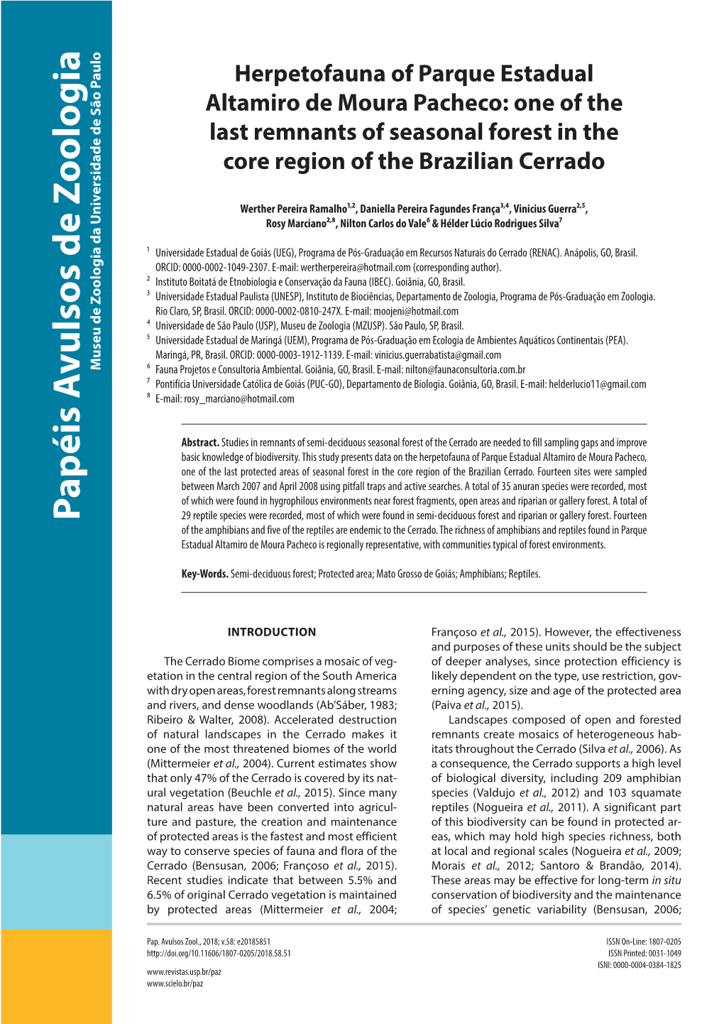 Herpetofauna of Parque Estadual Altamiro De Moura Pacheco: One of the Last Remnants of Seasonal Forest in the Core Region of the Brazilian Cerrado