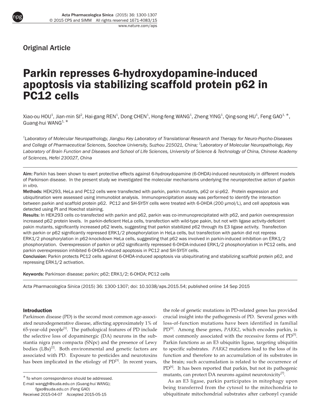 Parkin Represses 6-Hydroxydopamine-Induced Apoptosis Via Stabilizing Scaffold Protein P62 in PC12 Cells