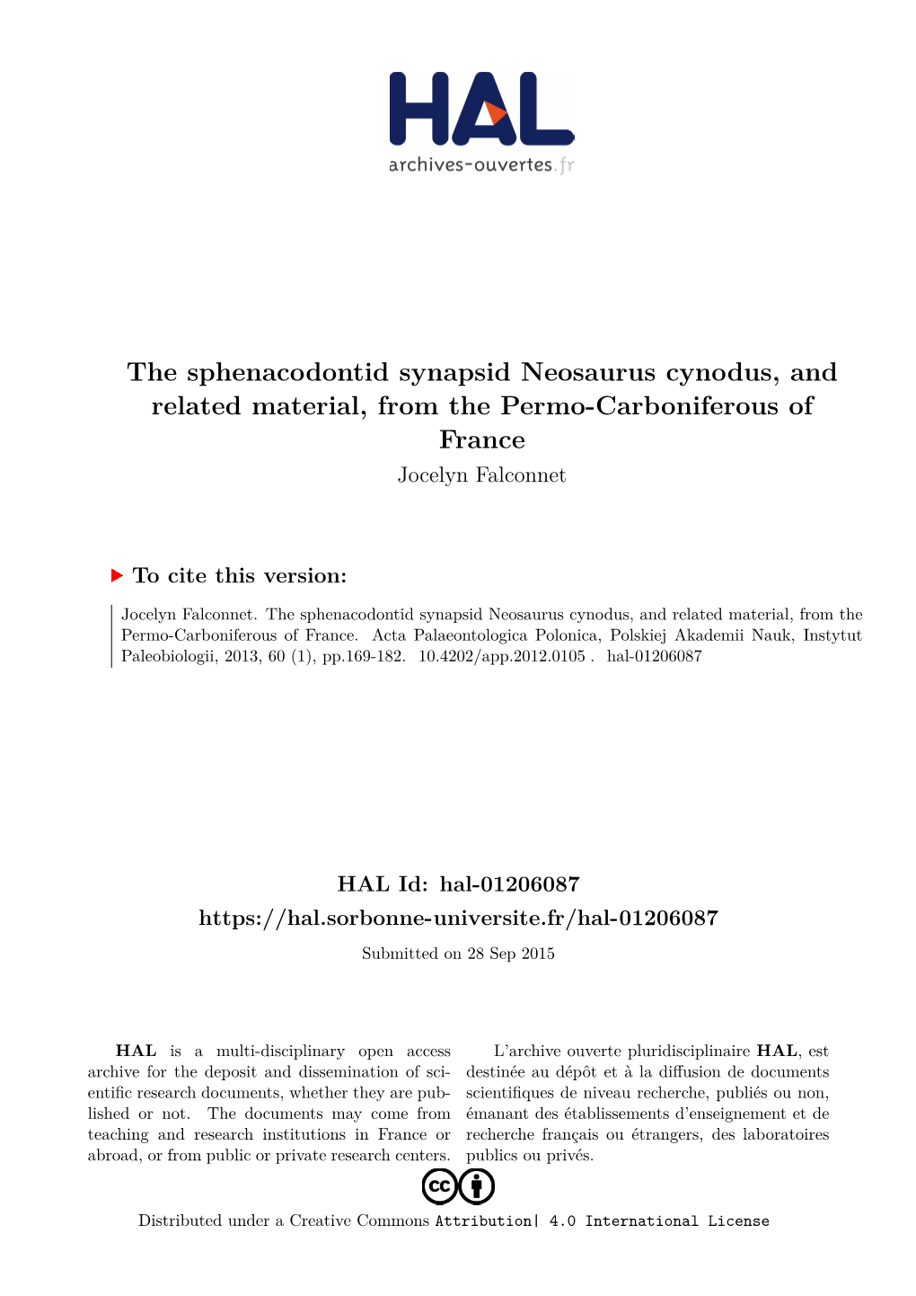 Neosaurus Cynodus, and Related Material, from the Permo-Carboniferous of France Jocelyn Falconnet