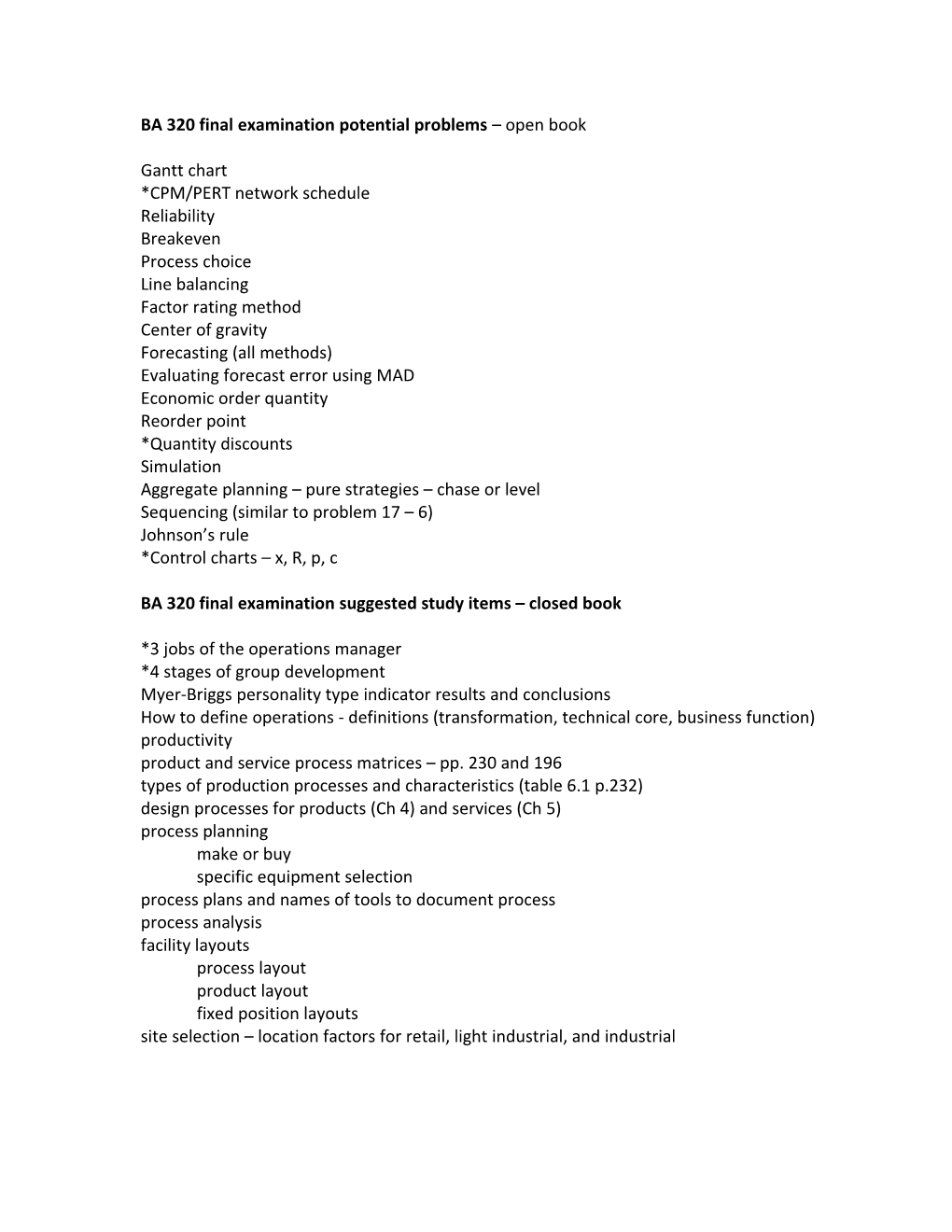 BA 320 Final Examination Potential Problems Open Book