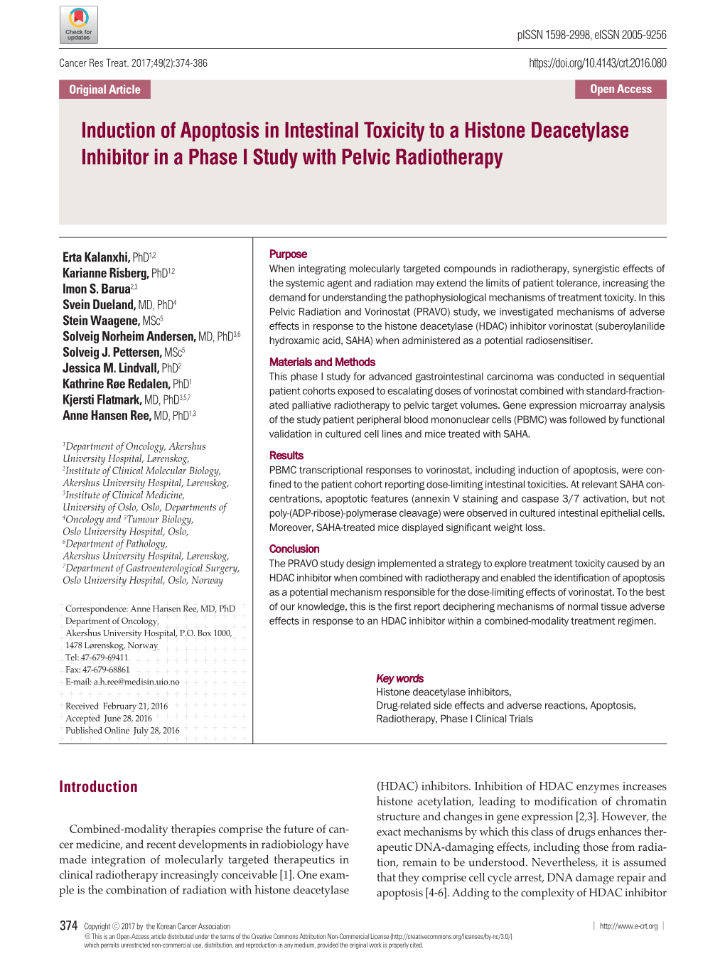 Induction of Apoptosis in Intestinal Toxicity to a Histone Deacetylase Inhibitor in a Phase I Study with Pelvic Radiotherapy