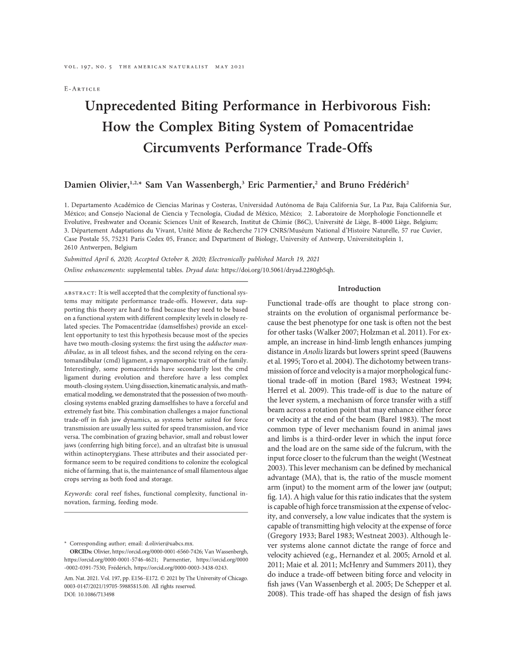 How the Complex Biting System of Pomacentridae Circumvents Performance Trade-Offs