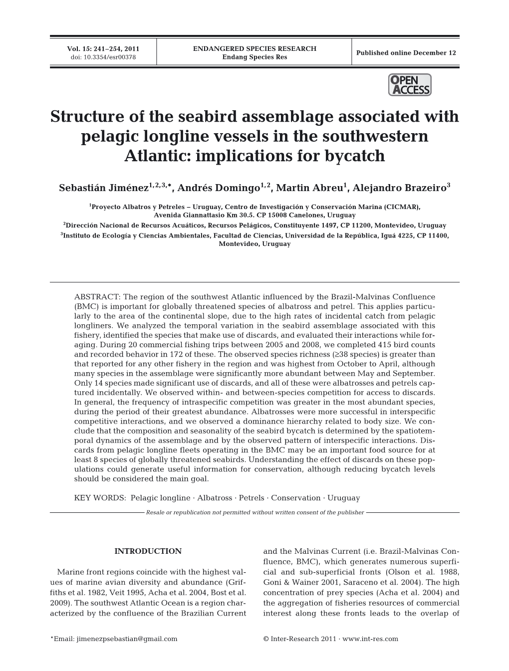 Structure of the Seabird Assemblage Associated with Pelagic Longline Vessels in the Southwestern Atlantic: Implications for Bycatch