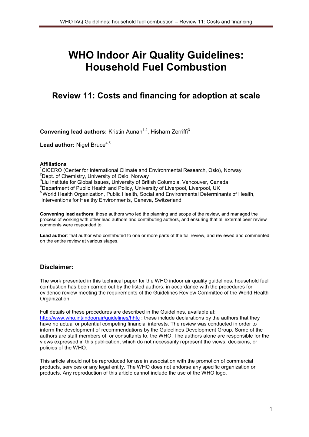 WHO IAQ Guidelines: Household Fuel Combustion – Review 11: Costs and Financing