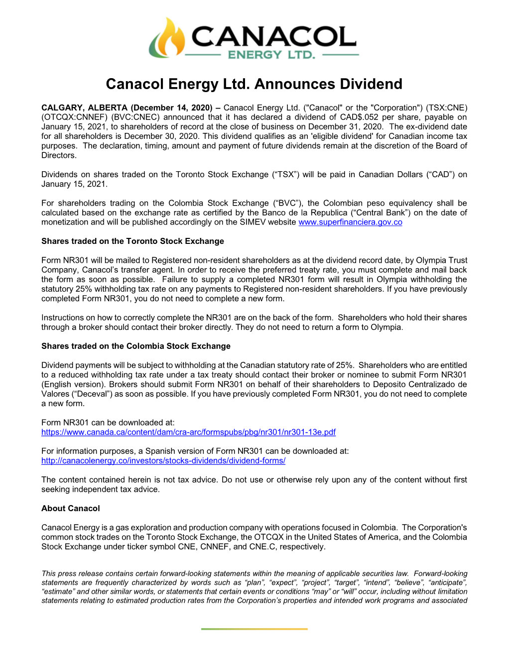 Canacol Energy Ltd. Announces Dividend