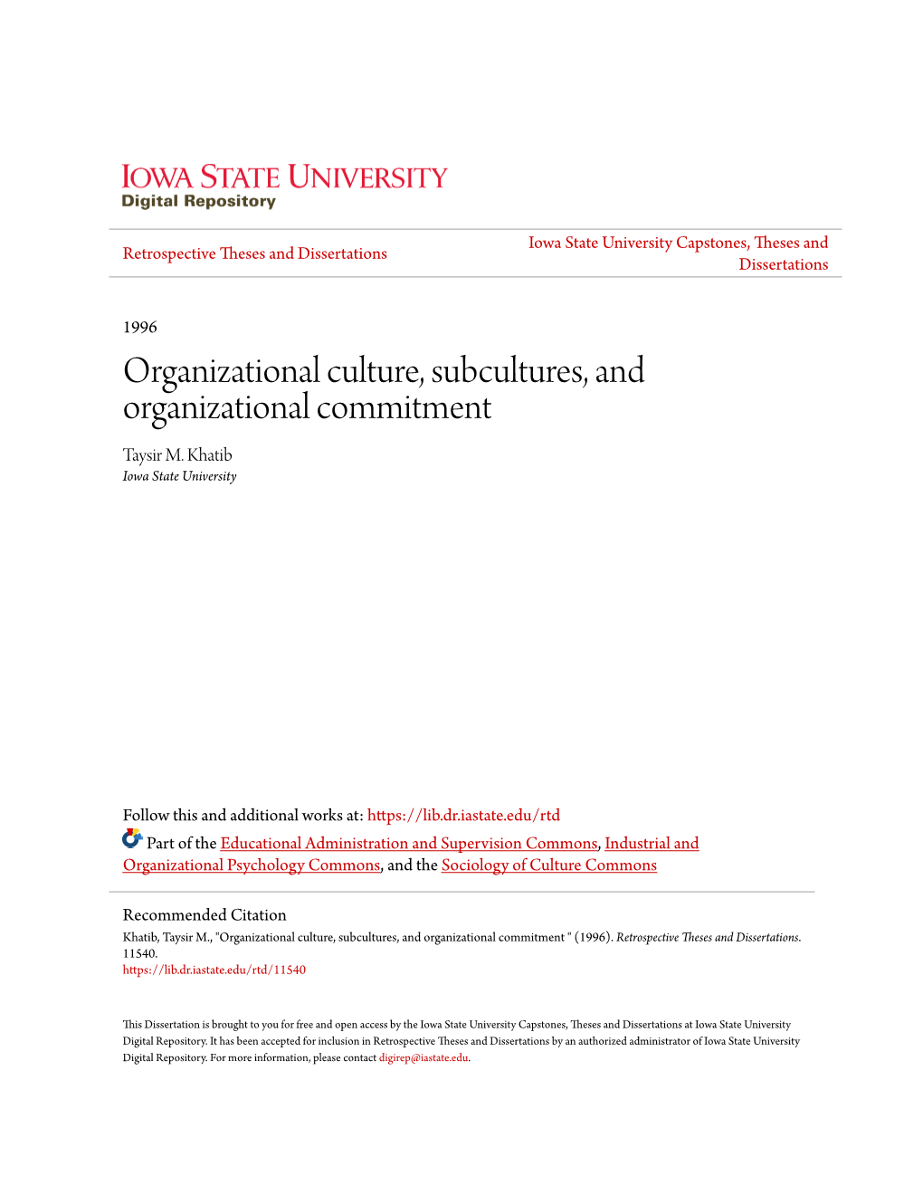 Organizational Culture, Subcultures, and Organizational Commitment Taysir M