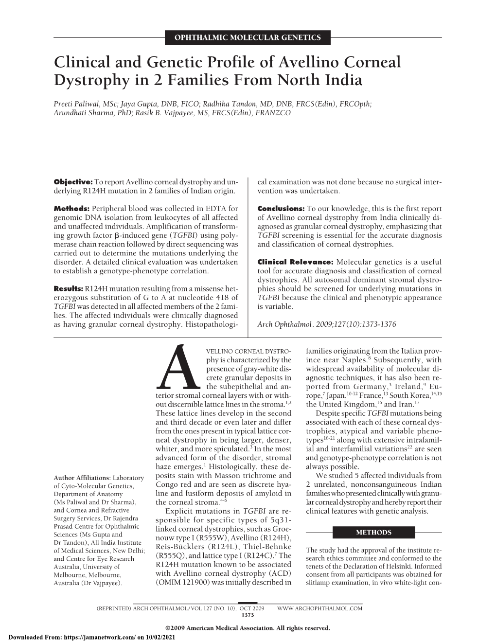 Clinical and Genetic Profile of Avellino Corneal Dystrophy in 2 Families from North India