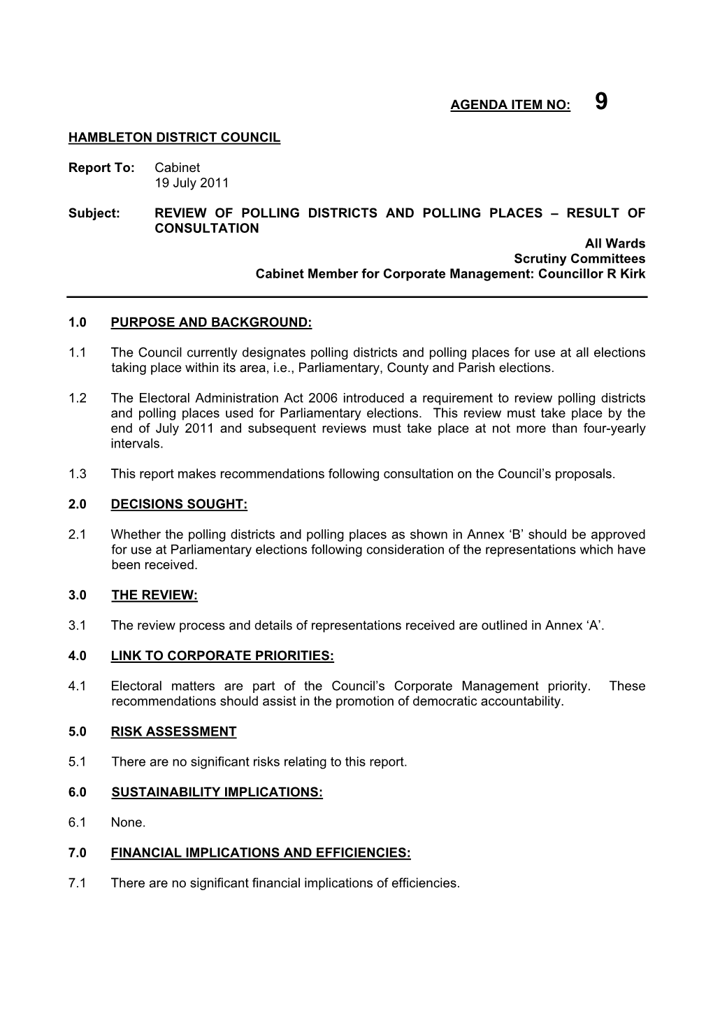 AGENDA ITEM NO: HAMBLETON DISTRICT COUNCIL Report To