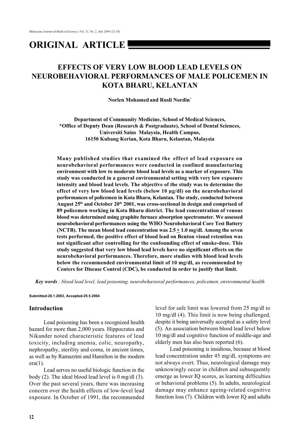 Effects of Very Low Blood Lead Levels on Neurobehavioral Performances of Male Policemen in Kota Bharu, Kelantan