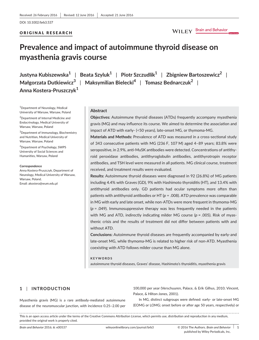 Prevalence and Impact of Autoimmune Thyroid Disease on Myasthenia Gravis Course