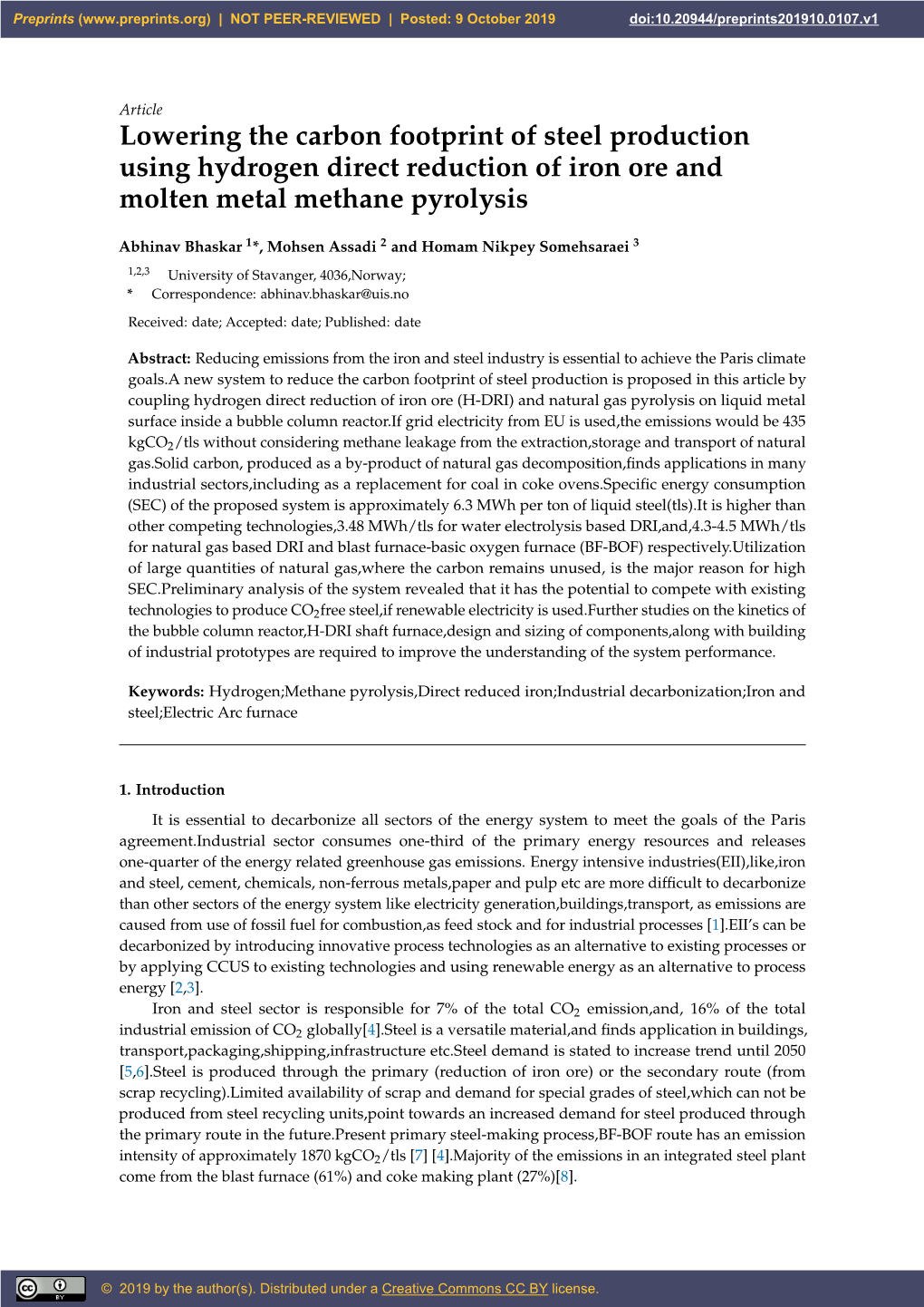 Lowering the Carbon Footprint of Steel Production Using Hydrogen Direct Reduction of Iron Ore and Molten Metal Methane Pyrolysis