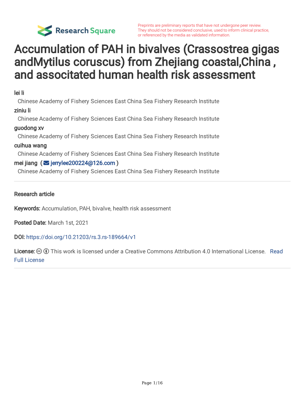 Accumulation of PAH in Bivalves