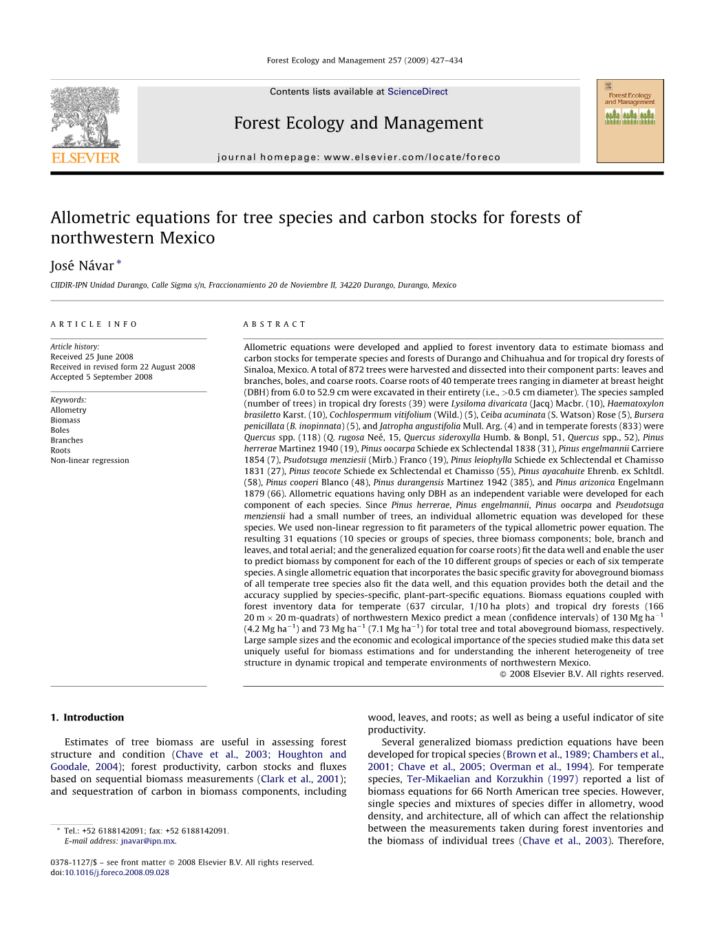 Allometric Equations for Tree Species and Carbon Stocks for Forests of Northwestern Mexico