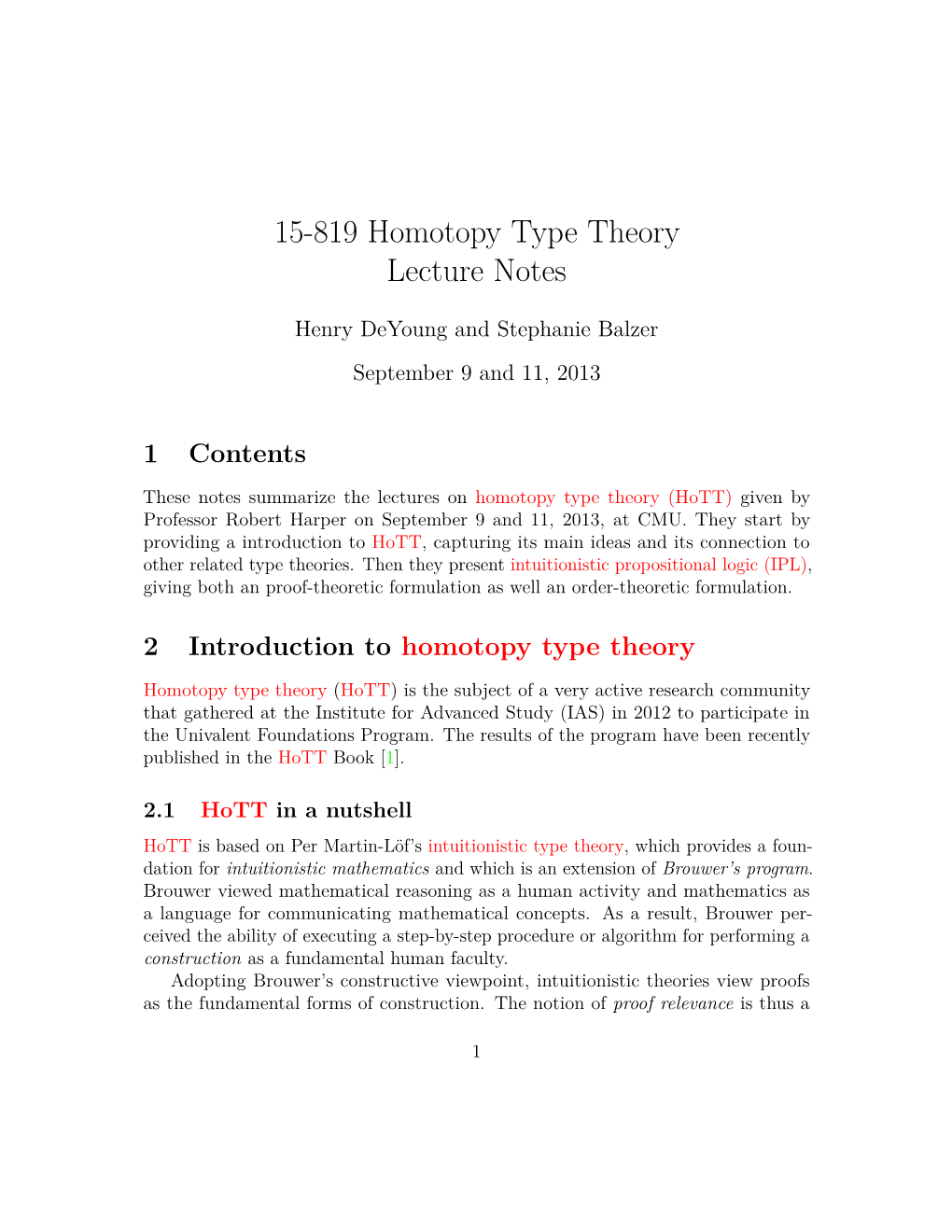 15-819 Homotopy Type Theory Lecture Notes