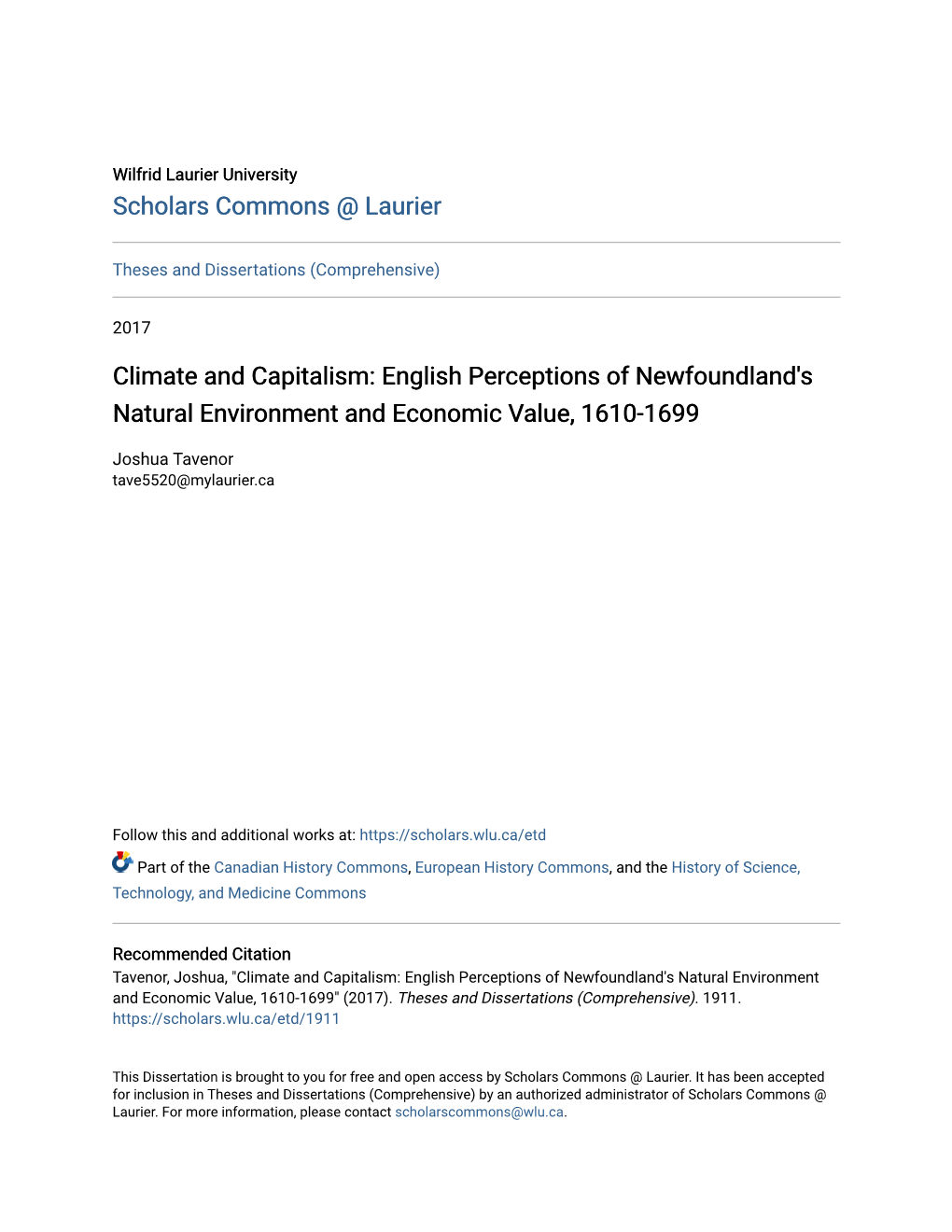 Climate and Capitalism: English Perceptions of Newfoundland's Natural Environment and Economic Value, 1610-1699