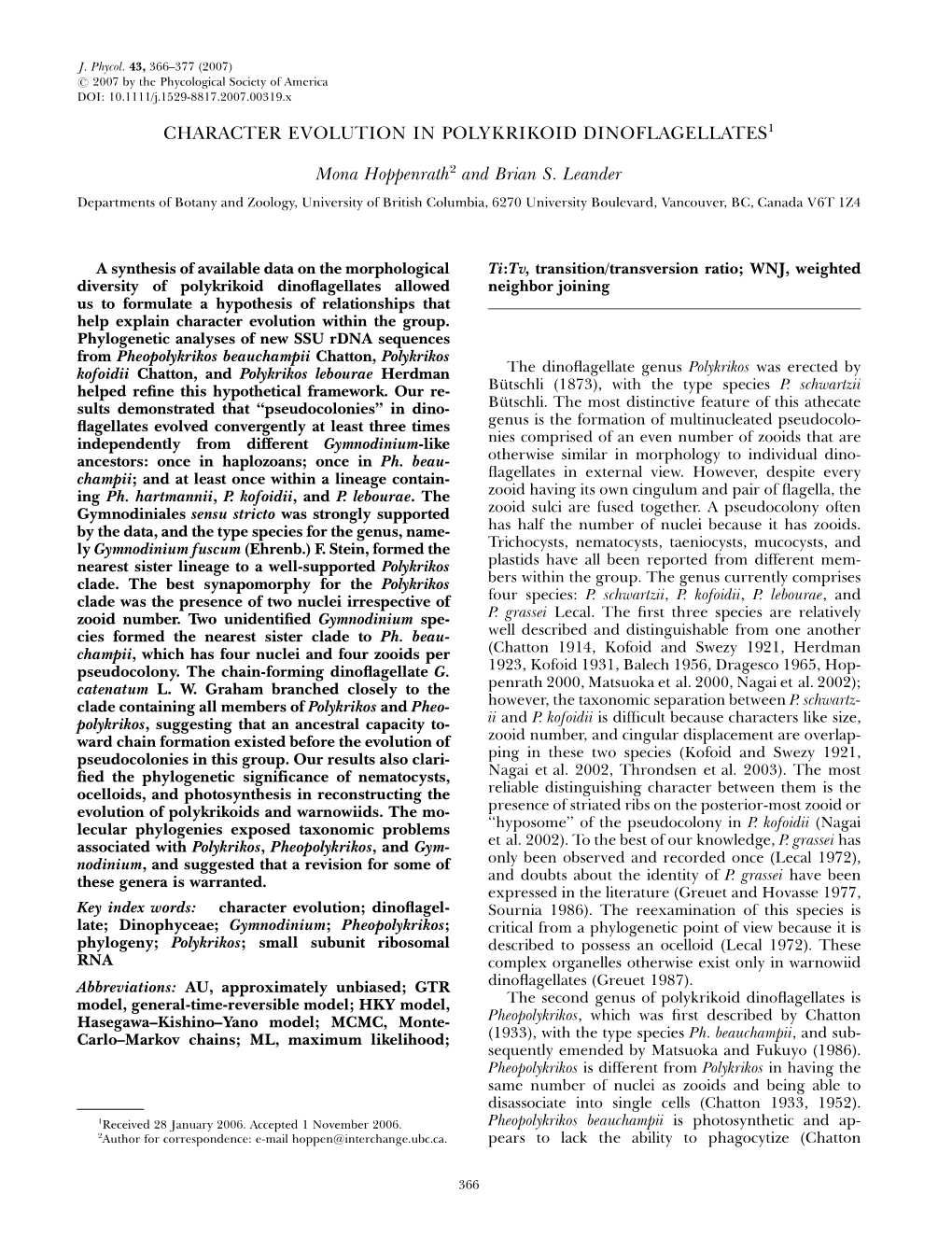 Character Evolution in Polykrikoid Dinoflagellates1