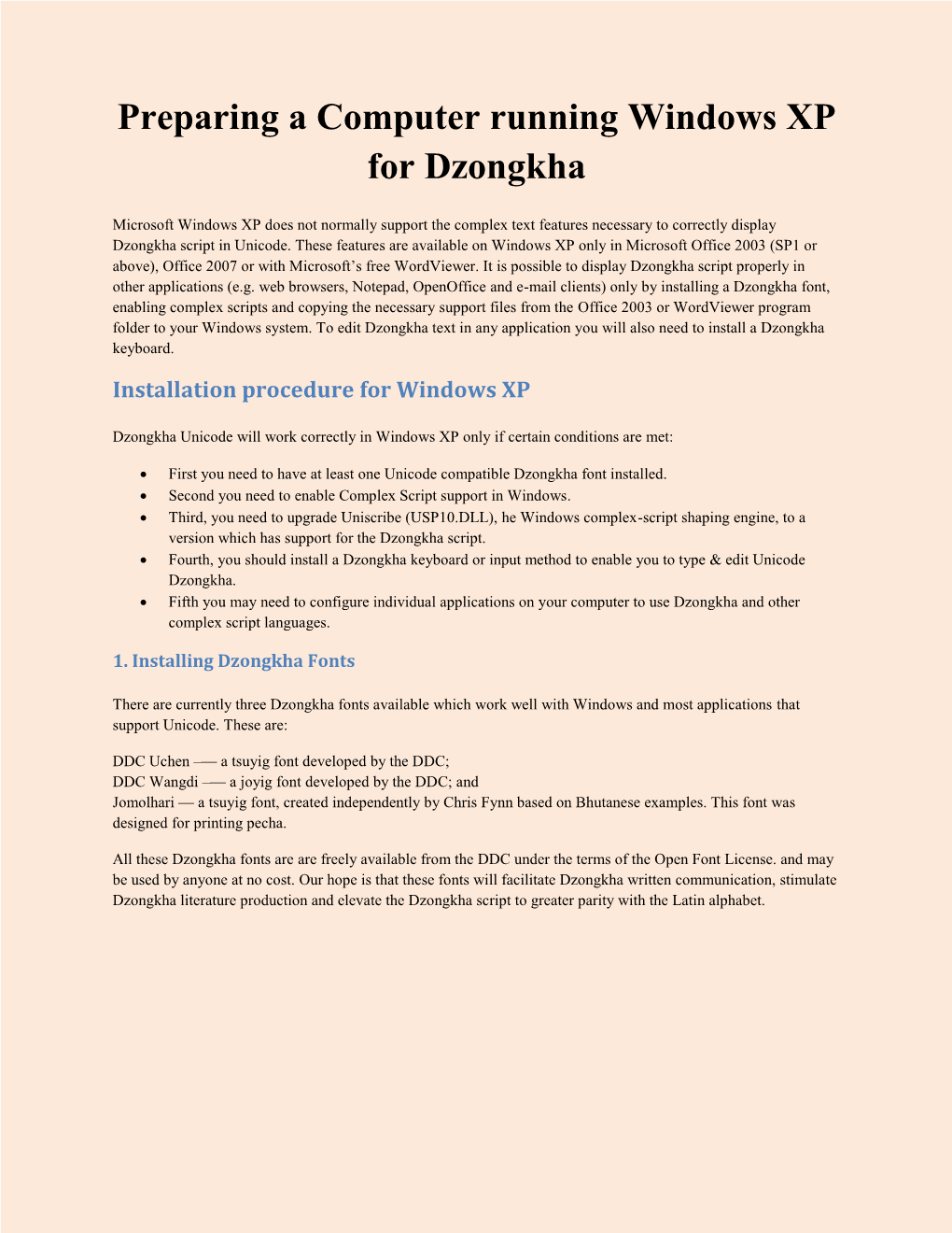 Preparing a Computer Running Windows XP for Dzongkha