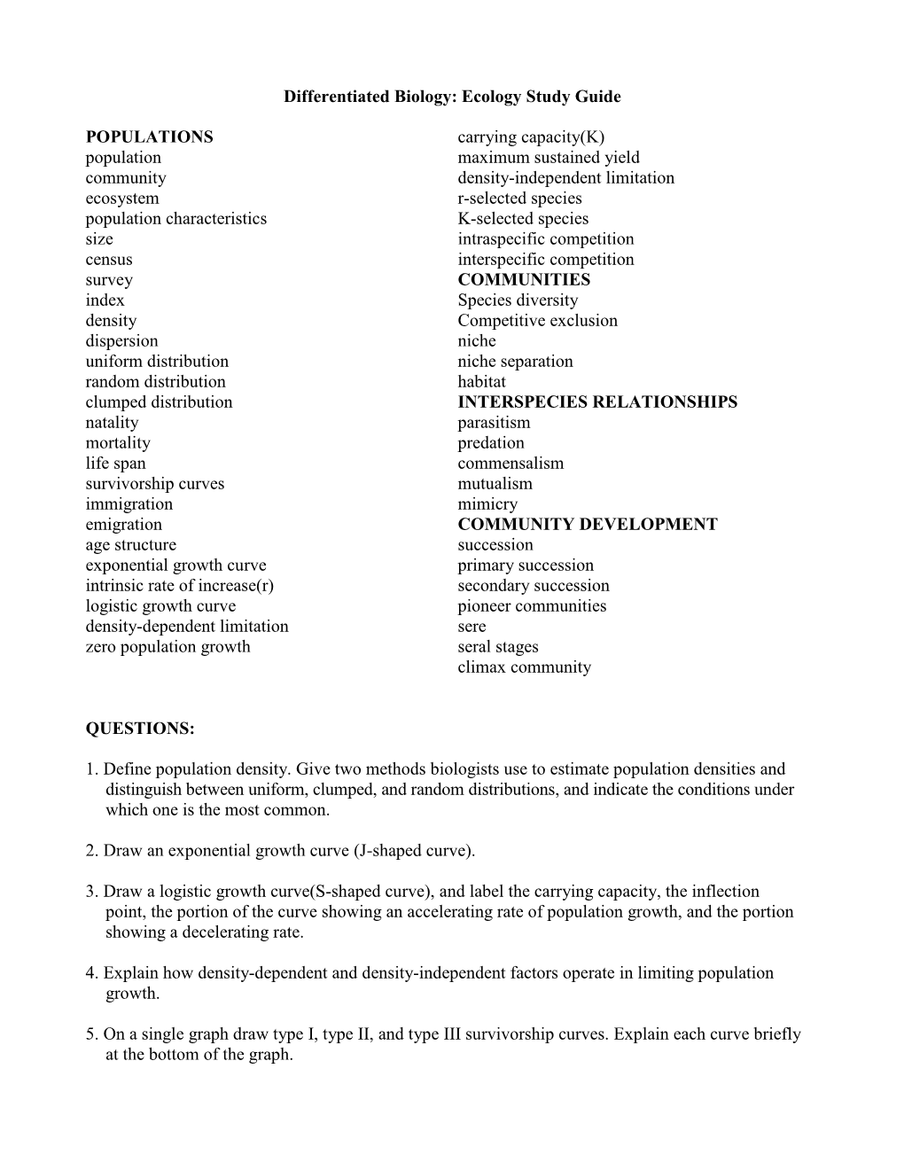 Differentiated Biology: Ecology Study Guide POPULATIONS