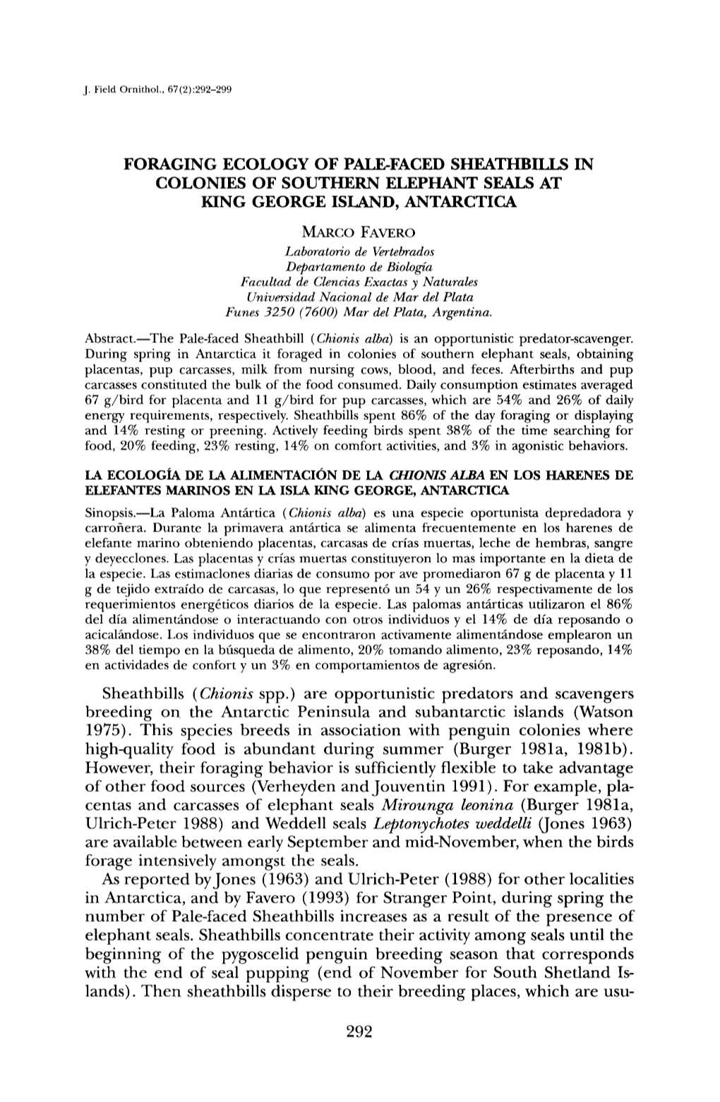 Foraging Ecology of Pale-Faced Sheathbills In