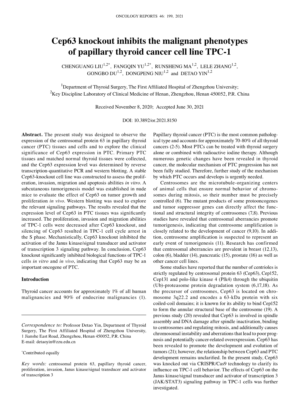 Cep63 Knockout Inhibits the Malignant Phenotypes of Papillary Thyroid Cancer Cell Line TPC‑1