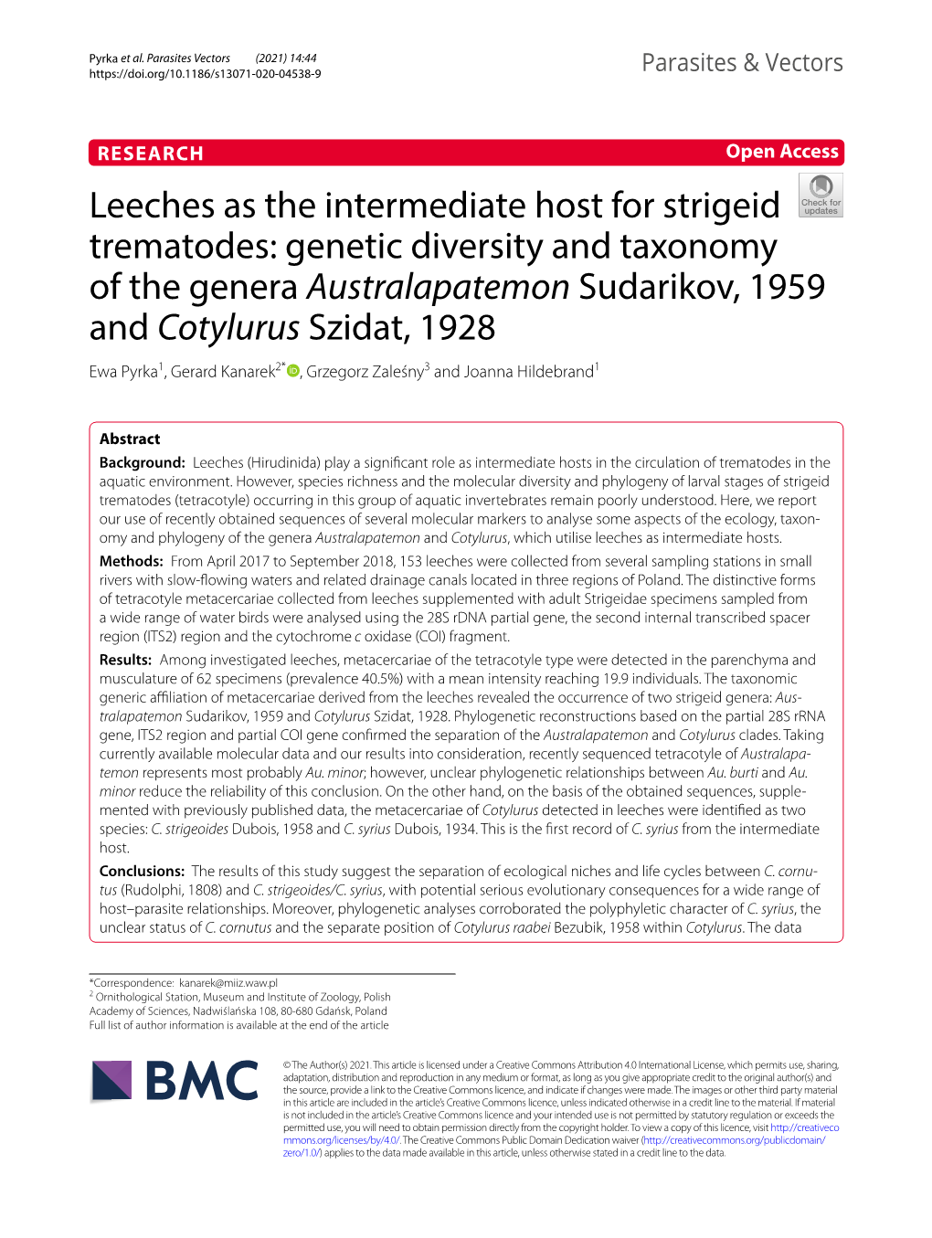 Leeches As the Intermediate Host for Strigeid Trematodes: Genetic