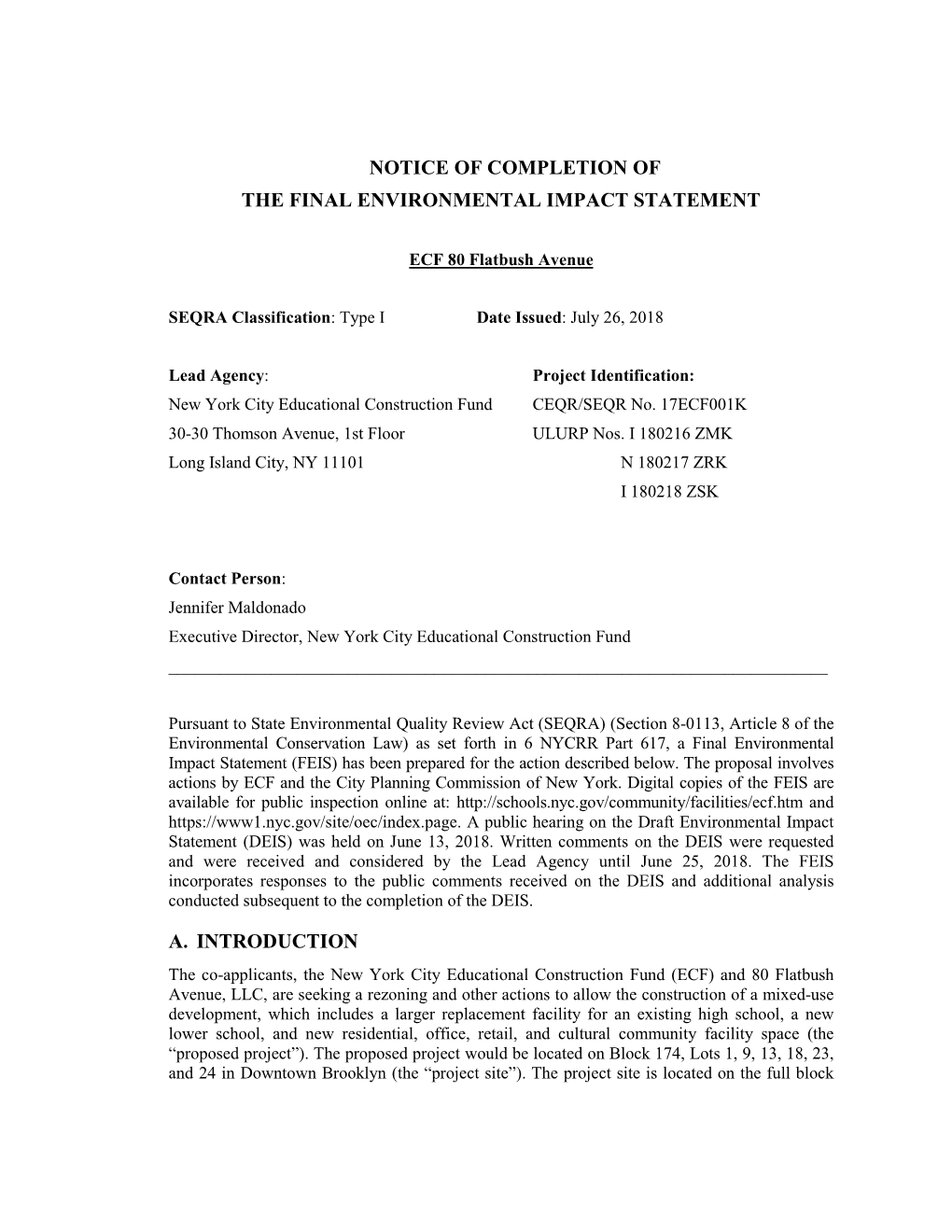 EIS ECF 80 Flatbush Avenue Notice of Completion