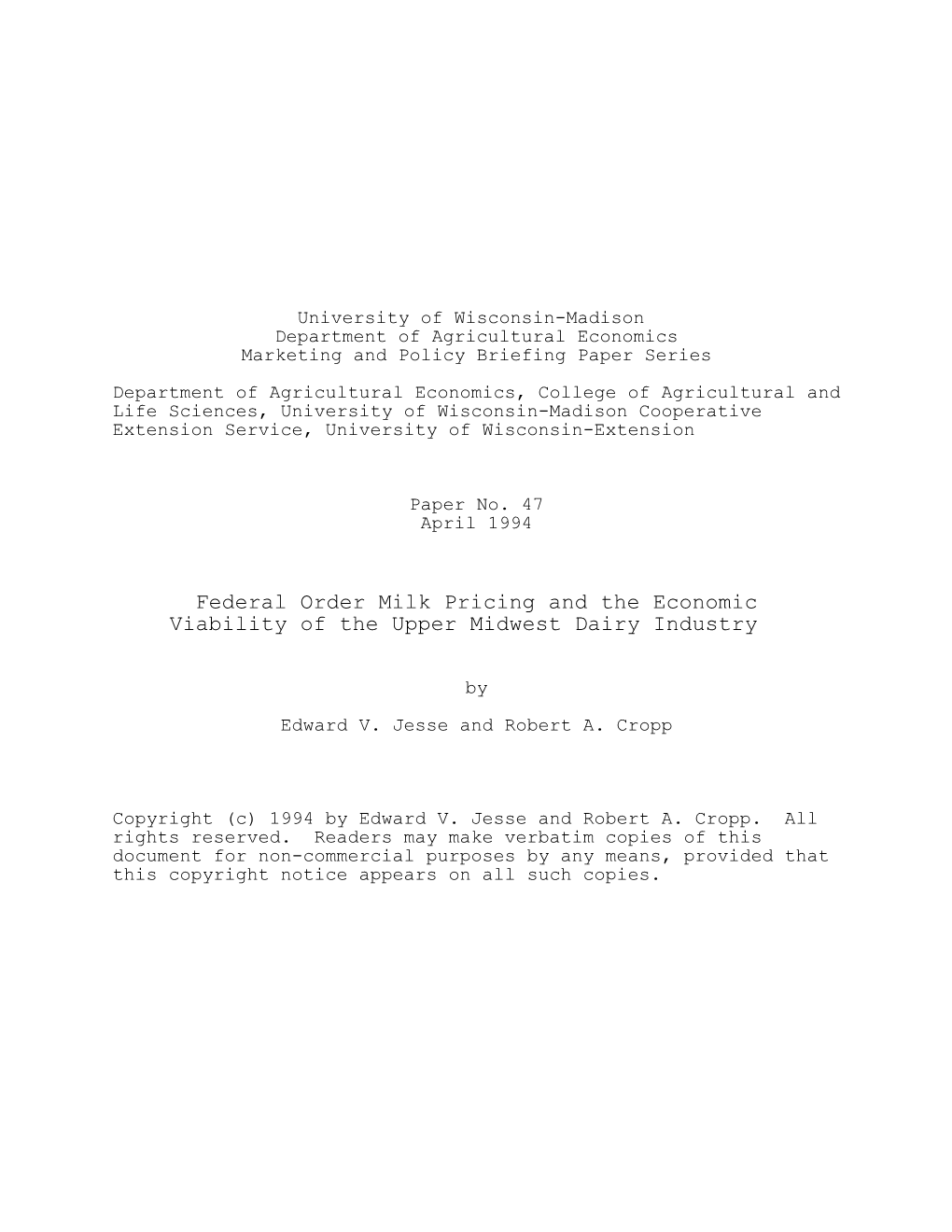 Federal Order Milk Pricing and the Economic Viability of the Upper Midwest Dairy Industry