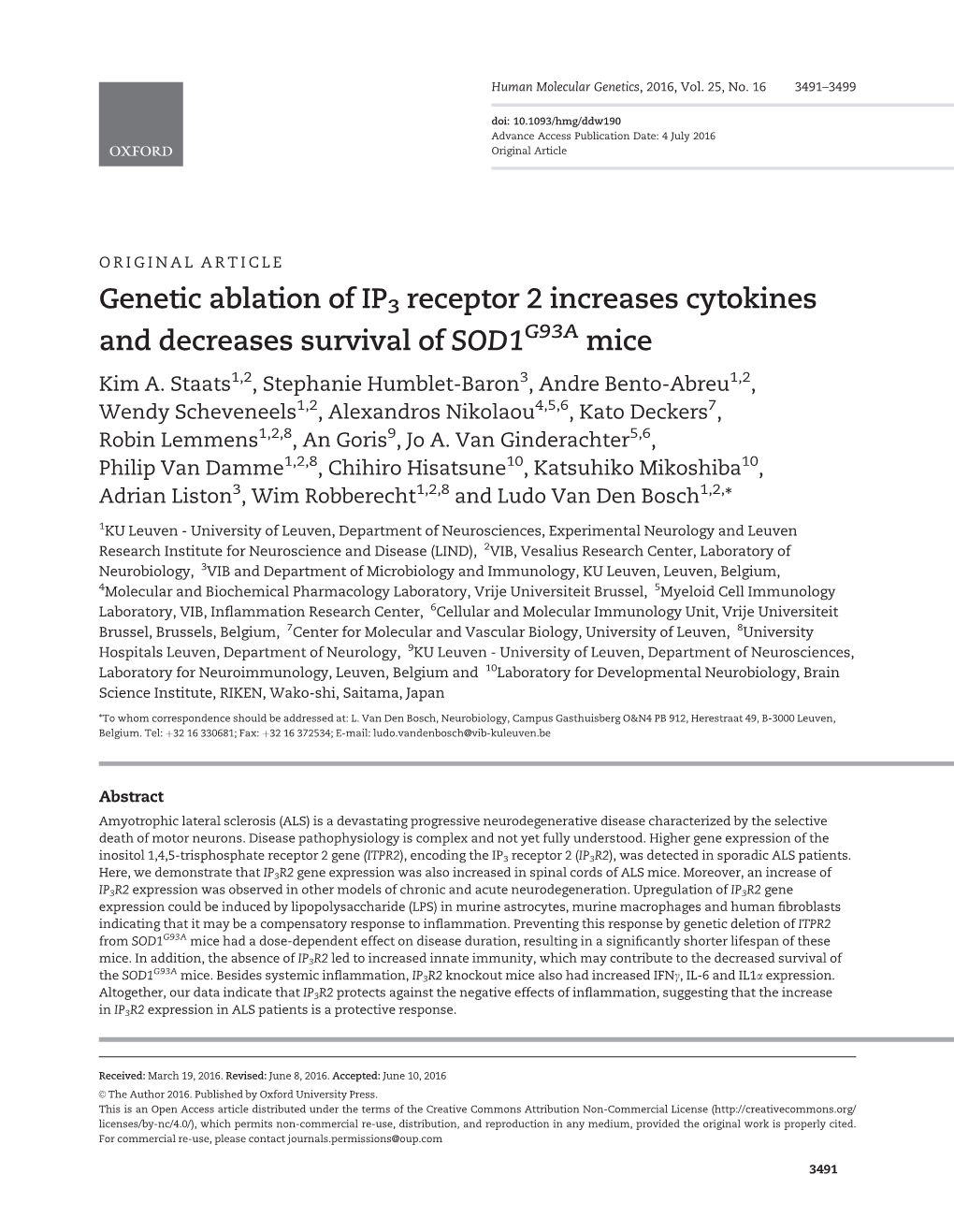 Genetic Ablation of IP3 Receptor 2 Increases Cytokines and Decreases Survival of SOD1 Mice