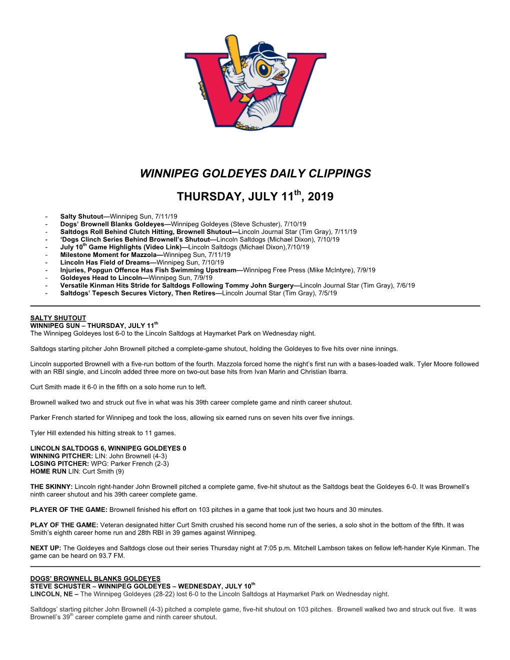 Winnipeg Goldeyes Daily Clippings Thursday, July 11