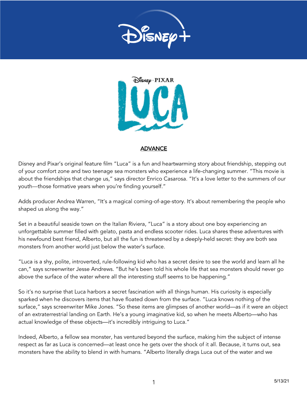 ADVANCE Disney and Pixar's Original Feature Film “Luca” Is a Fun and Heartwarming Story About Friendship, Stepping out Of