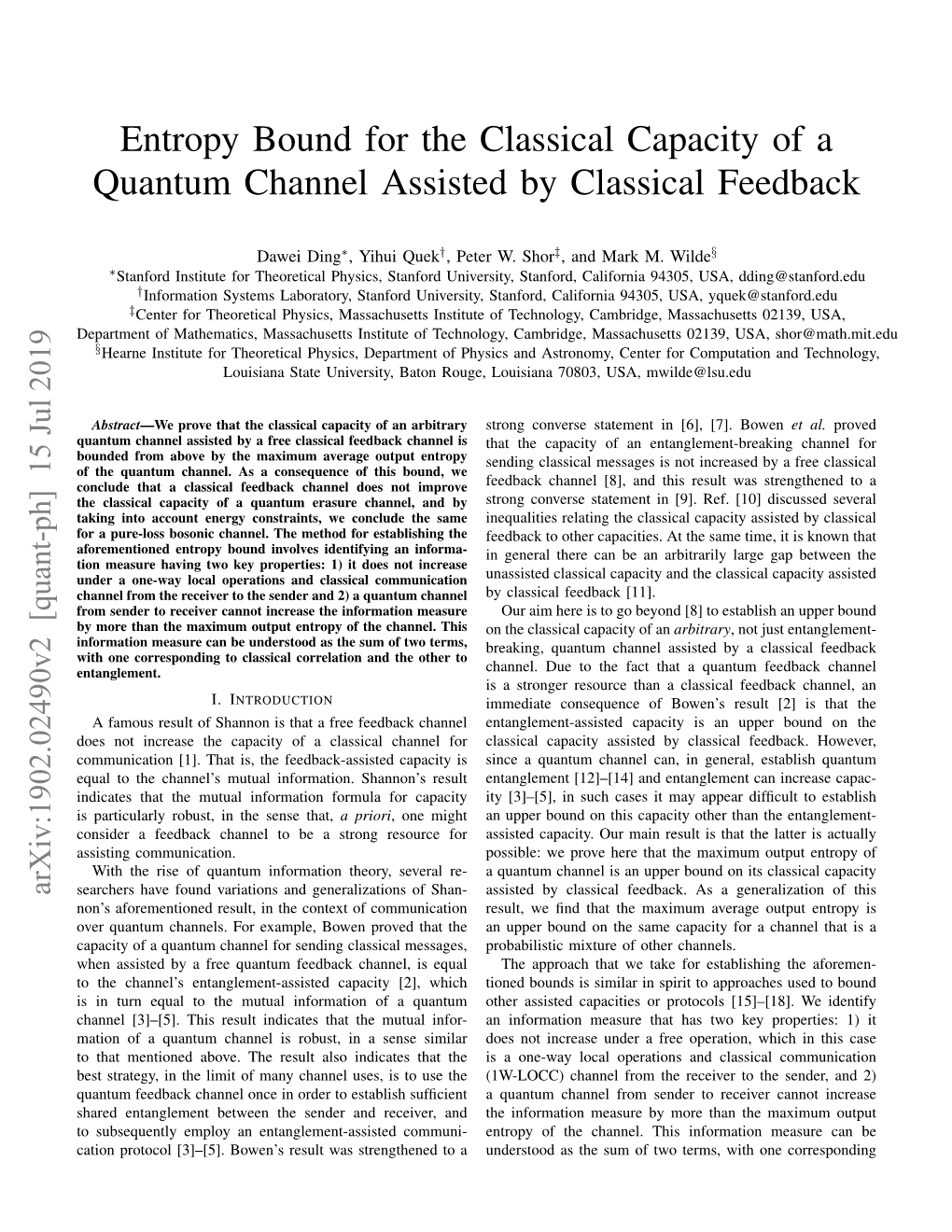 Entropy Bound for the Classical Capacity of a Quantum Channel Assisted by Classical Feedback