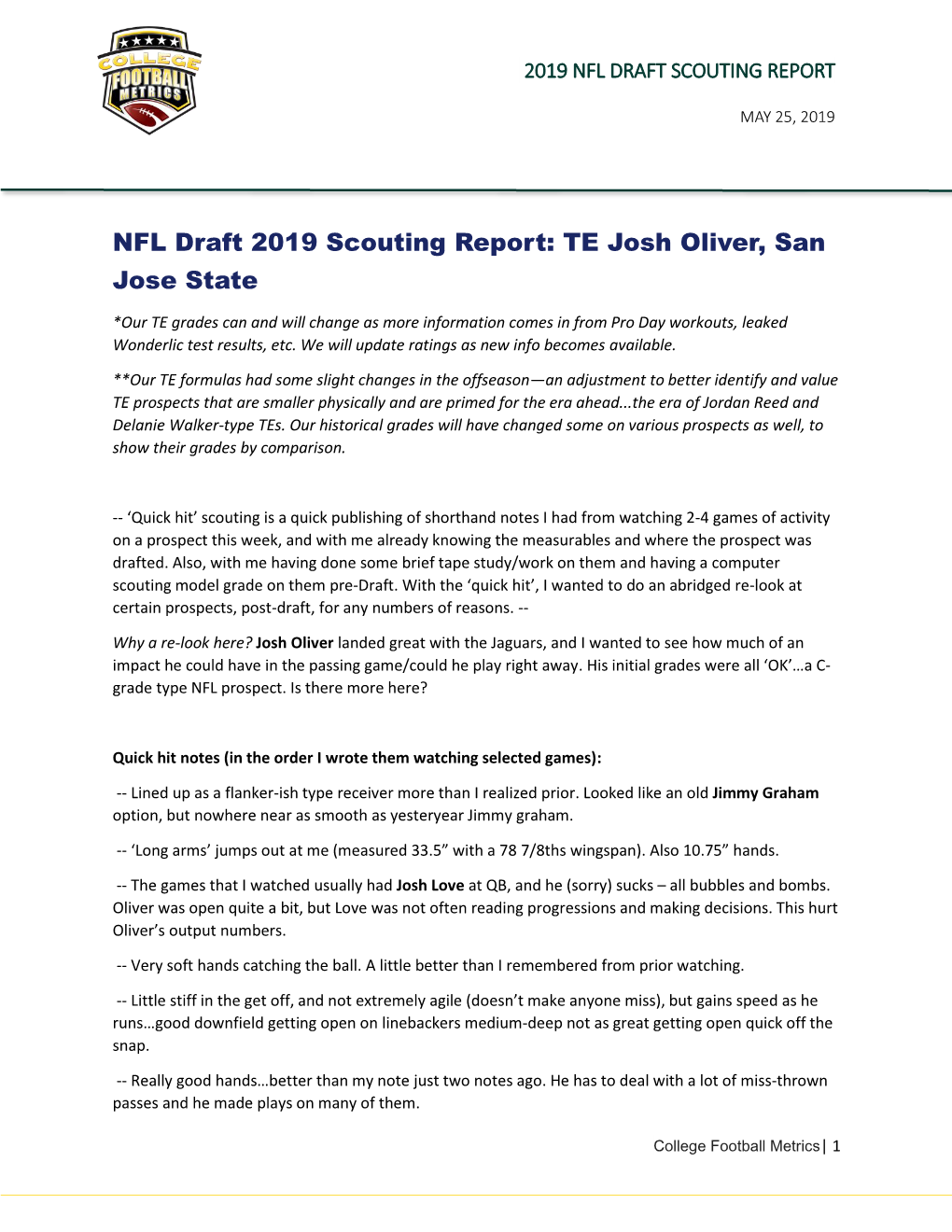 NFL Draft 2019 Scouting Report: TE Josh Oliver, San Jose State