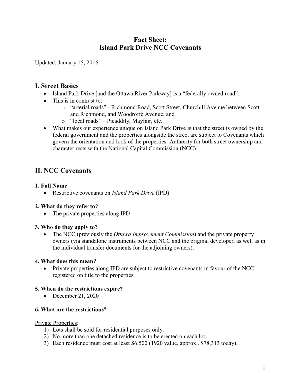 Fact Sheet: Island Park Drive NCC Covenants