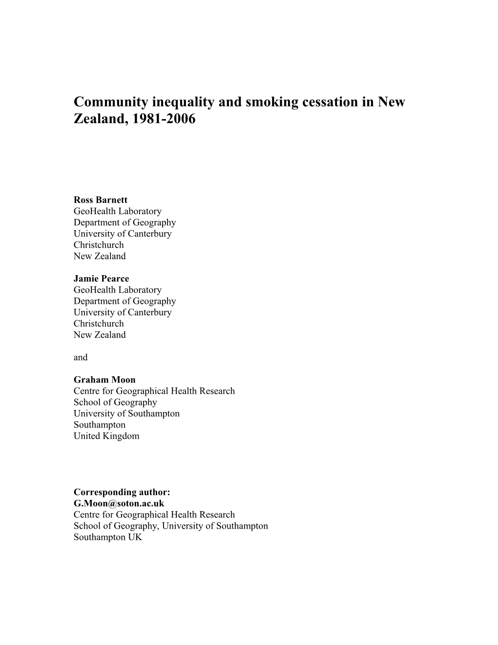 Community Inequality and Smoking Cessation in New Zealand, 1981-2006