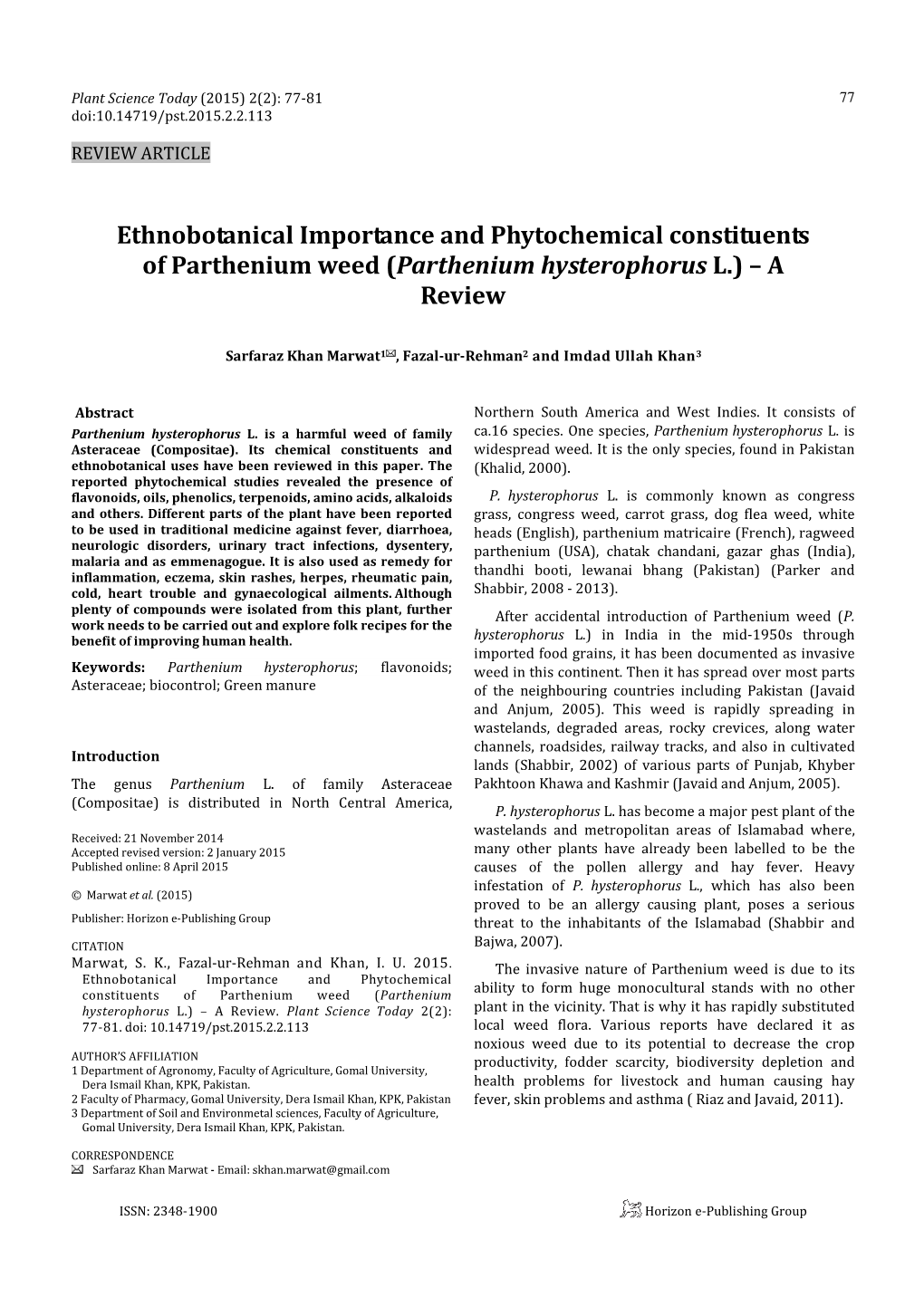 (Parthenium Hysterophorus L.) – a Review