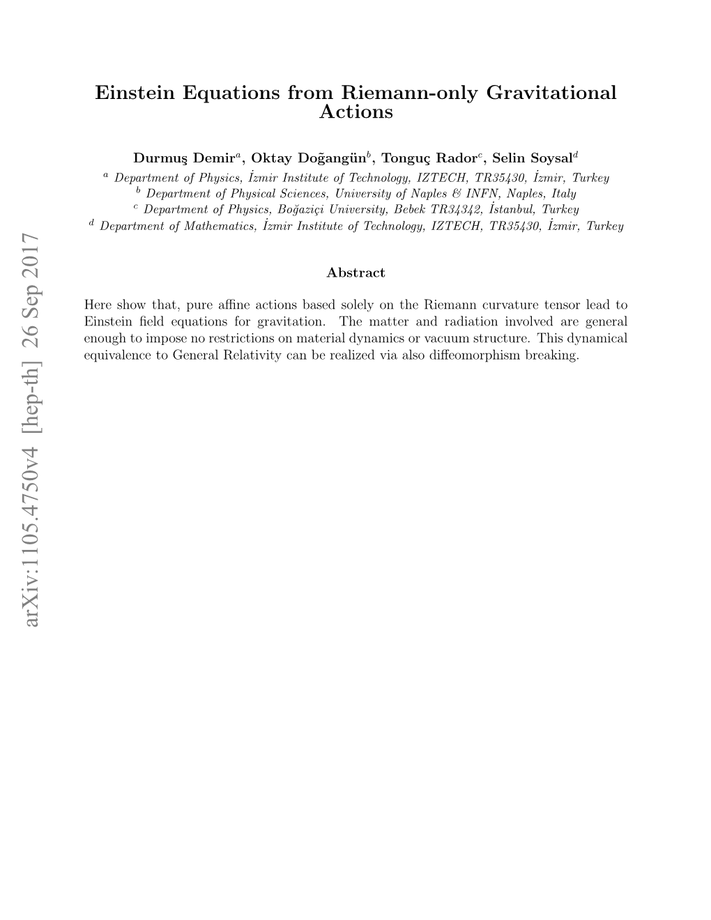 Einstein Equations from Riemann-Only Gravitational Actions