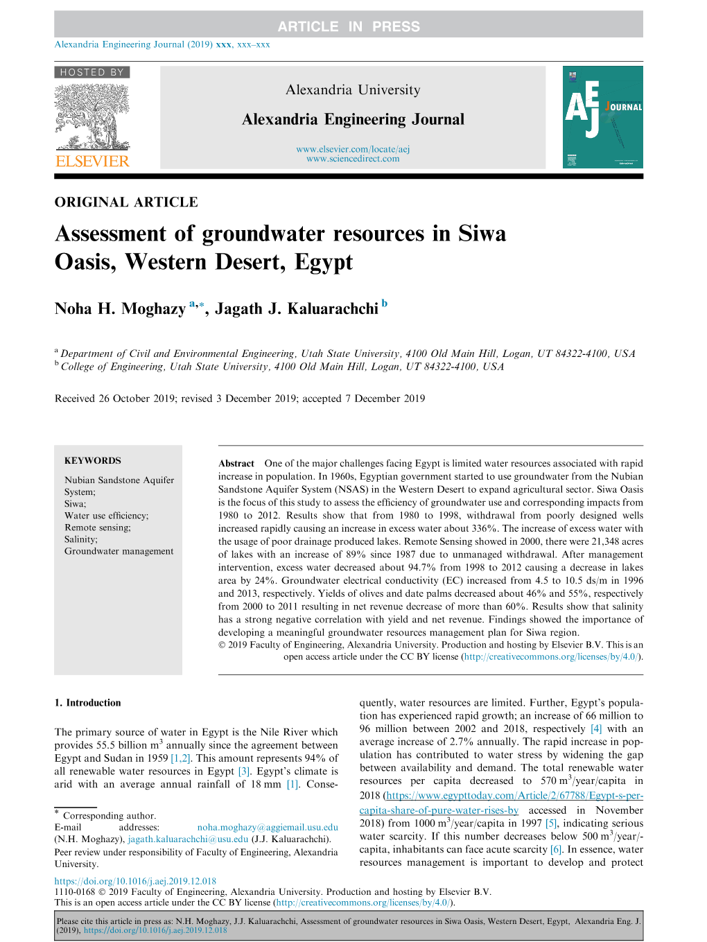 Assessment of Groundwater Resources in Siwa Oasis, Western Desert, Egypt