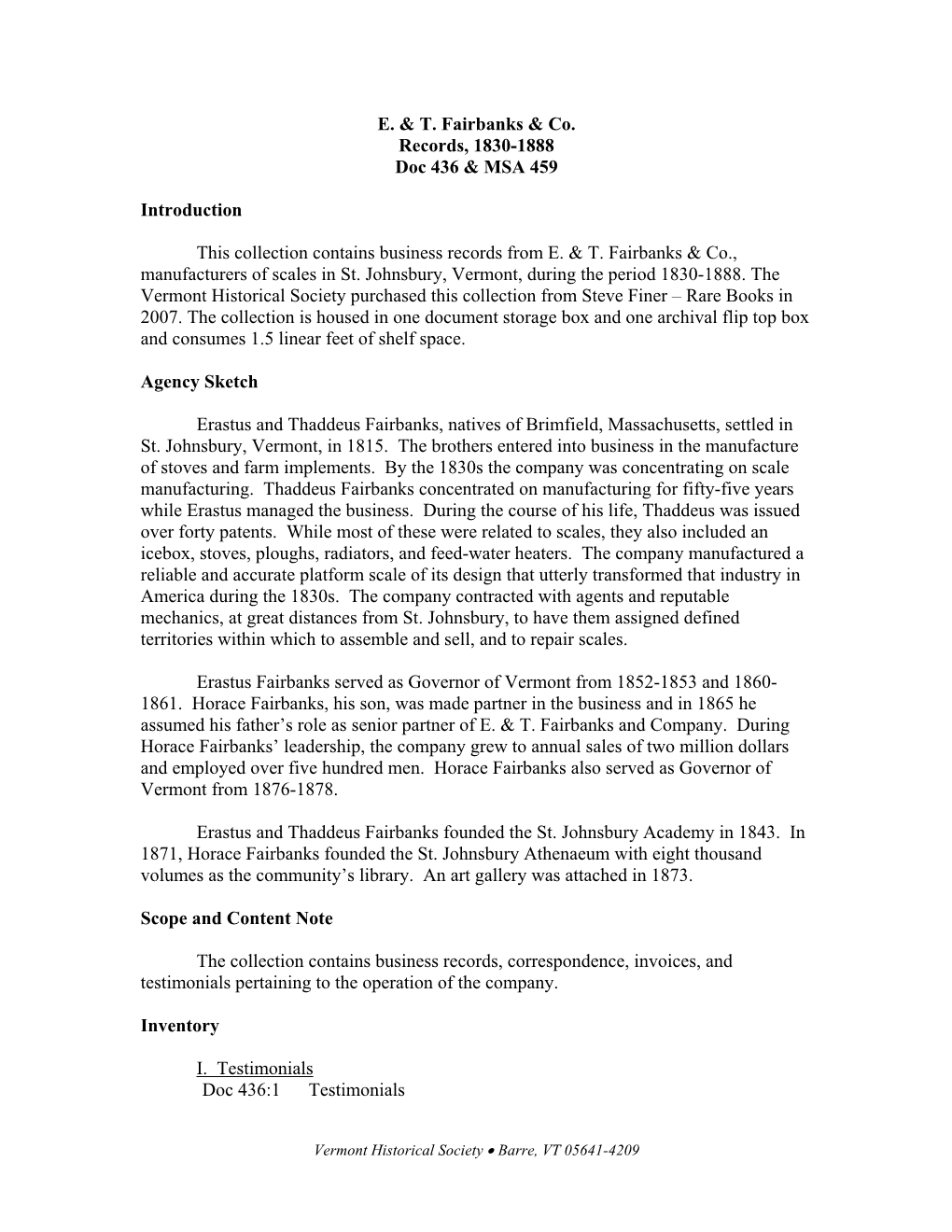 E. & T. Fairbanks & Co. Records, 1830-1888 Doc 436 & MSA 459